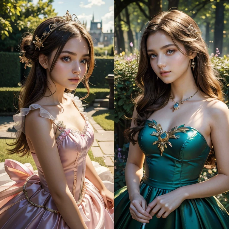 (masterpiece, best quality:1.5), highest quality, High resolution, super detailed, Realists, Upper body photo of a brunette -yeld maal girl, detailed and beautiful eyes, beautiful detailed lips, very detailed eyes and face, longeyelashes, shiny satin dress, Holding a magic wand in your hand, Cast a transformation spell, Animals turn into balloons, Magic wands present and shiny, Beautiful and colorful makeup, elegant and noble々The jewelry bag, Gardens as background, soft daylight, bright colors, fine brushstrokes, Portrait style, Silk dress fabric, beautiful color palette, glowing skin, First-class rendering, that captures every detail, enchanting atmosphere, subtle shadows and lights, (perfect anatomy:1.2), (The two stunning 14 and 12Girls transform animals into balloons. (a transformation with the magic wand:1.4), (magnificent panorama view:1.2)
