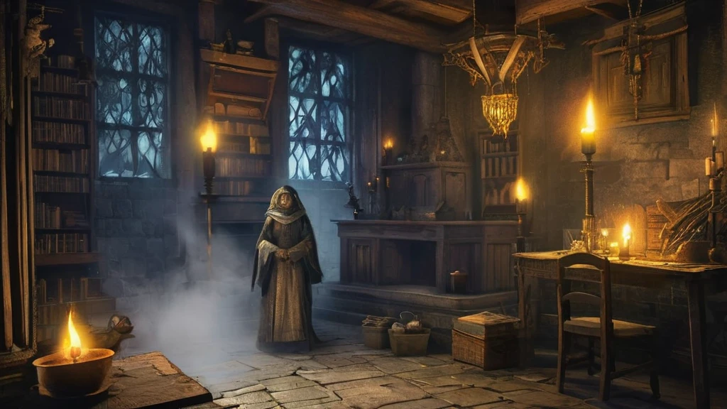 shadowy medieval city, where narrow, winding streets are veiled in a blanket of fog, stands a small, weathered house tucked away from the main thoroughfare. The structure, with its sagging roof and crooked timbers, exudes an aura of age and mystery. Dim, flickering candlelight spills through the small, grimy windows, casting wavering shadows on the cobblestone streets outside.

Inside, the air is thick with the scent of herbs, old parchment, and the faint aroma of incense. The modest interior is cluttered with an assortment of peculiar objects: dried herbs hang from the low beams, strange vials and jars are scattered across wooden shelves, and ancient books lie open on a cluttered table.

Seated by the hearth, an elderly woman with a face etched deeply by time and wisdom occupies a worn, high-backed chair. Her gnarled hands, deft despite their age, gently stir a pot of mysterious concoction bubbling over the fire. Her eyes, sharp and glinting with a keen, knowing light, survey the room with a blend of caution and curiosity.

The house creaks and groans with every gust of the cold night wind, and occasional distant howls from the darkened city outside add to the eerie atmosphere. In the dim glow of the hearth and candlelight, the old lady appears as both guardian and keeper of forgotten knowledge, a solitary figure whose presence weaves a thread of arcane mystery into the heart of the medieval night.