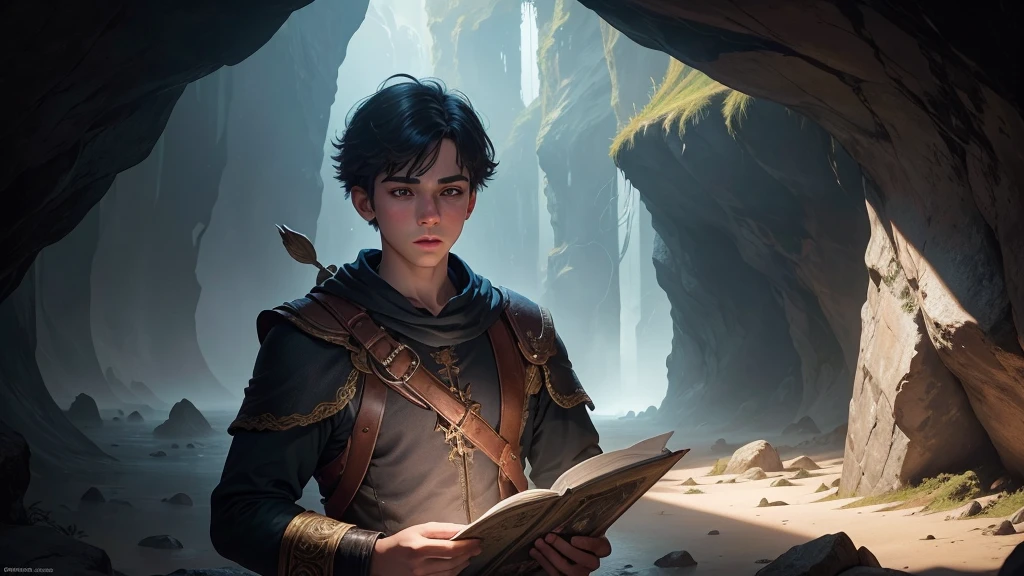 a boy with a compass and map entering a cave resembling a vagina, cinematic lighting, beautiful detailed eyes, beautiful detailed lips, extremely detailed eyes and face, long eyelashes, detailed clothing, realistic lighting, dramatic shadows, cinematic composition, fantasy landscape, mist, moody atmosphere, photorealistic, 8k, high quality