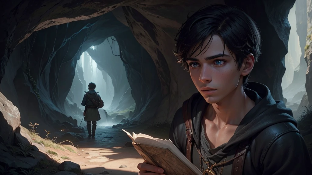 a boy with a compass and map entering a cave resembling a vagina, cinematic lighting, beautiful detailed eyes, beautiful detailed lips, extremely detailed eyes and face, long eyelashes, detailed clothing, realistic lighting, dramatic shadows, cinematic composition, fantasy landscape, mist, moody atmosphere, photorealistic, 8k, high quality