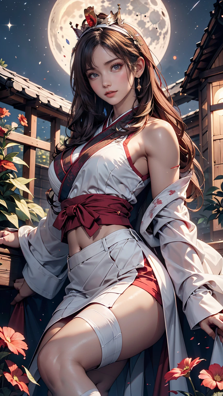 Highest quality, expensive_solve, clear_image, Detailed Background ,girl, Hanbok,flower,garden,moon, night,Dutch Angle, Wide Shot, Crown,  、24-year-old woman、Sexy proportions、Narrow waist、Erotic female body