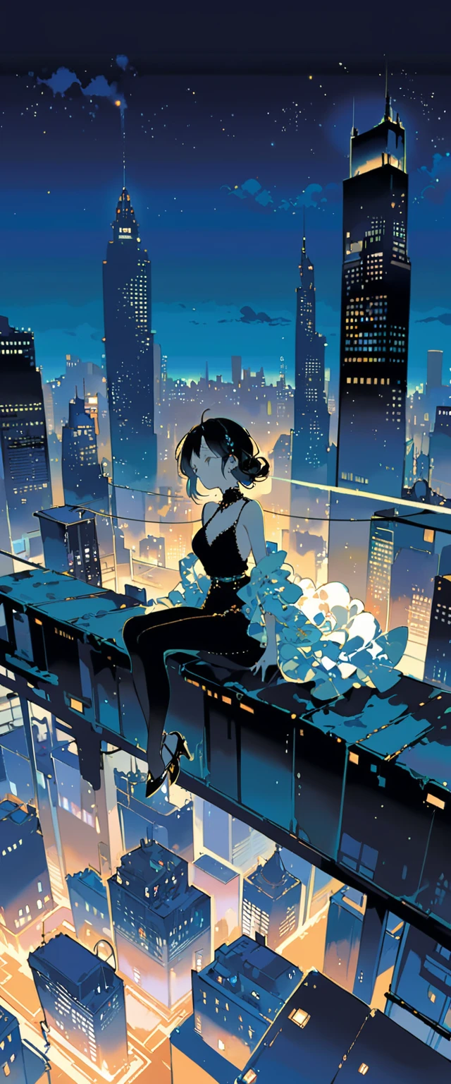 Girl in black top sitting on the edge of a skyscraper, Studio Ghibli, Cityscape, Detailed illustrations, Official Art, In kawacy style, Graceful Movement, Nocturne, Composed, HD wallpaper