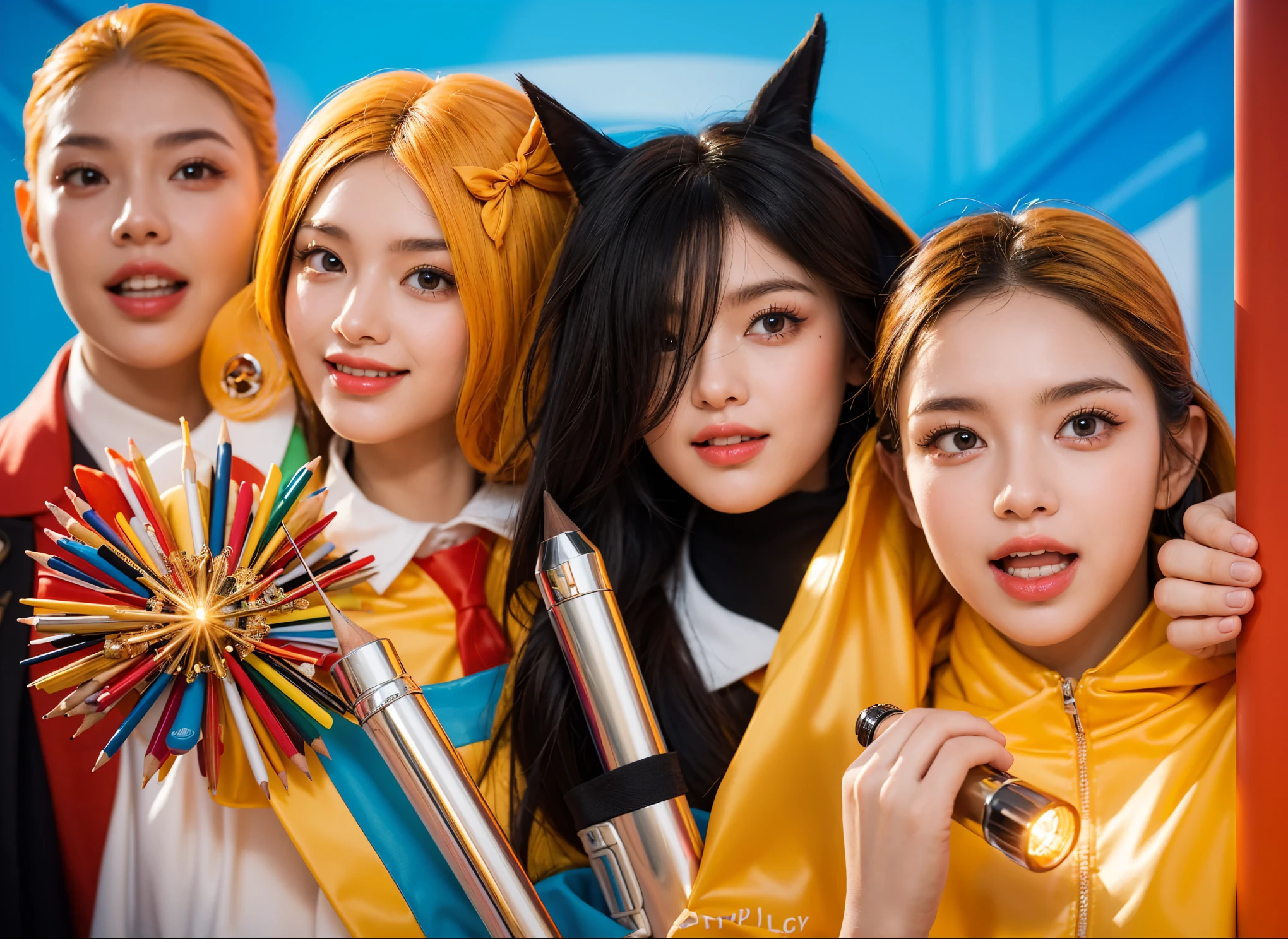 This vibrant image captures a dynamic quartet of characters, each showcasing distinct personalities through their unique costumes and expressions. On the left, a character with an expression of surprise wears a multi-colored outfit and holds a bouquet of colorful pencils, suggesting a whimsical, creative persona. Next to him, a cheerful character with red clown-like cheeks and a bright smile, dressed in a colorful outfit, adds a joyful energy to the group. On the right, a character with a more mysterious and darker aesthetic, characterized by her black attire and sharp cat ears, contrasts strikingly against the previous cheerful figures. Completing the group is a young girl in a yellow jacket, holding a flashlight, her expression one of awe and curiosity. The backdrop's vivid blue adds a dramatic flair, enhancing the overall intensity and fantasy-like atmosphere of the scene.(glossy plastic texture with multiple big light probe refractions), perfect cgi, smooth silhouette, high intensity refraction, (super glossy plastic material), most beautiful vfx, , realistic, 4k, high resolution, rim light, smooth 3d model, multiple light sources, rim light, sharp post effects render,, realistic, 4k, high resolution, rim light detailed digital art, reflective, best quality, 4k, masterpiece:1.2, ultra-detailed, realistic, vivid colors, The image of the highest quality, ensuring every detail showcased perfectly. It in 4k resolution, allowing viewers to immerse themselves in the richness of the colors and intricate details. The realistic rendering. under the spotlight, reflecting, high-resolution image, realistic rendering