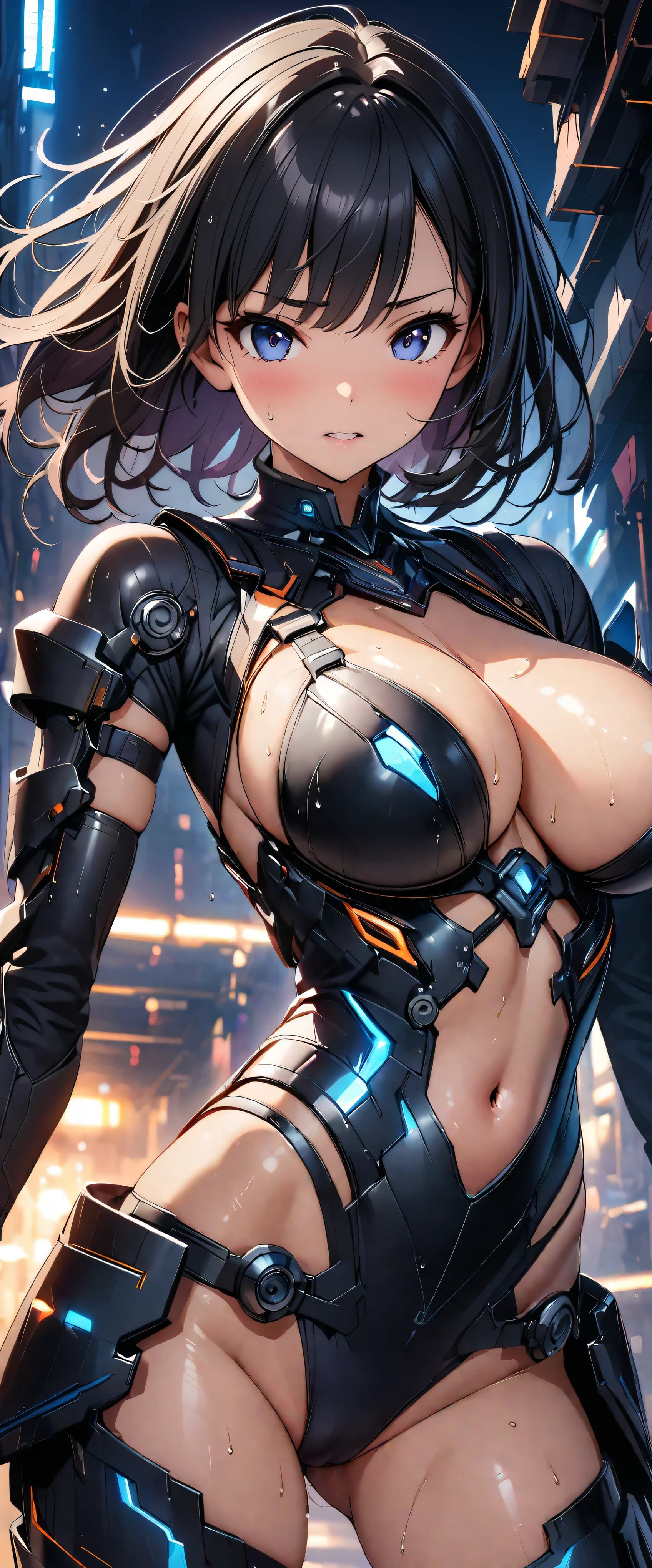 (((masterpiece)))、((Highest quality))、(Super detailed)、(CG illustration)、(Very beautiful girl))、Cinematic Light、((1. Mechanical Girl))、 sf、Apocalypse、Erotic and grotesque、(Beautiful and luxurious:1.2)、(One Girl:1.3)、look forward to,Highly exposed armor,,Big Breasts,Black Hair,,Wet with sweat,Dynamic pose,Reina