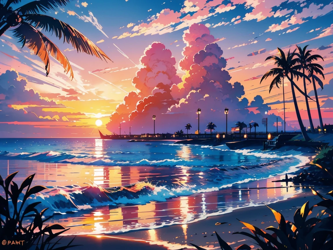 sea, landscape, smooth lightning, sunset, the setting sun creates a line of light on the sea surface, thin clouds, orange and pink clouds ,sparse clouds, reflected on the water surface, gently lapping waves, a wooden chair on sandy beach , with a sun umbrella, few palm trees , a boat docket near the shore.