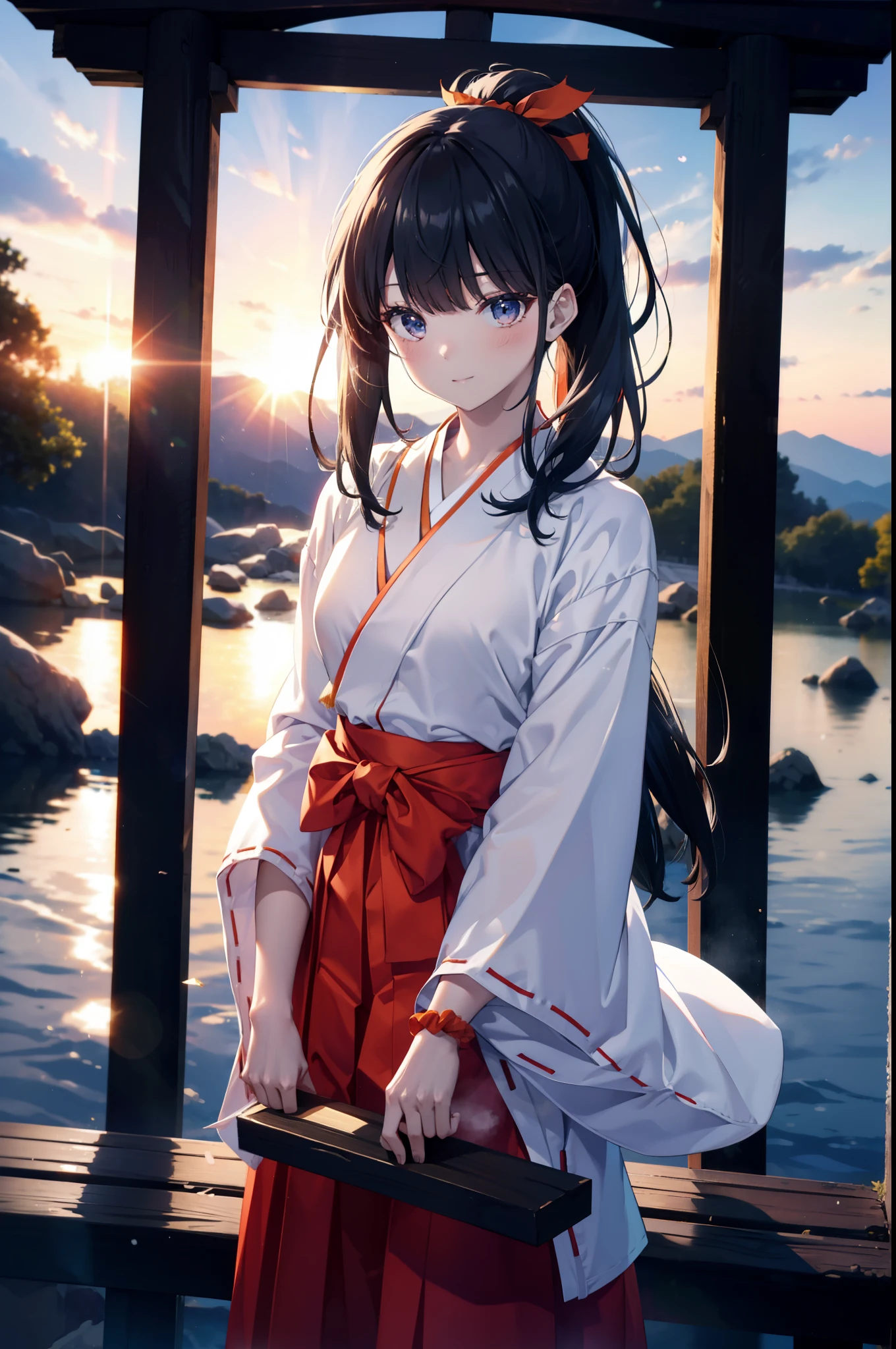 Rikka body,  Black Hair, blue eyes, Long Hair, orange Scrunchie, Scrunchie, wrist Scrunchie,smile,blush,White Kimono, kimono,Red Hakama,White tabi,Sandals Wide Sleeve, Long sleeve, Ribbon-trimmed sleeves,  Blunt bangs, low ponytail, Are standing,whole bodyがイラストに入るように,sunset,evening,The sun is setting,
break outdoors, shrine,torii,
break looking at viewer, whole body, (Cowboy Shot:1. 5),
break (masterpiece:1.2), Highest quality, High resolution, unity 8k wallpaper, (figure:0.8), (Beautiful attention to detail:1.6), Highly detailed face, Perfect lighting, Highly detailed CG, (Perfect hands, Perfect Anatomy),