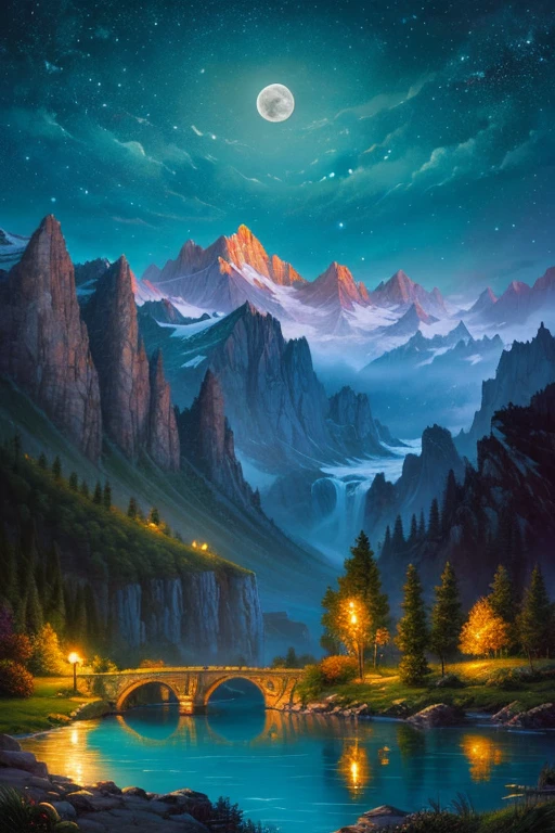 Highest quality、masterpiece、Landscape painting、Moon, Mountains and Lakes、night、Surrealism