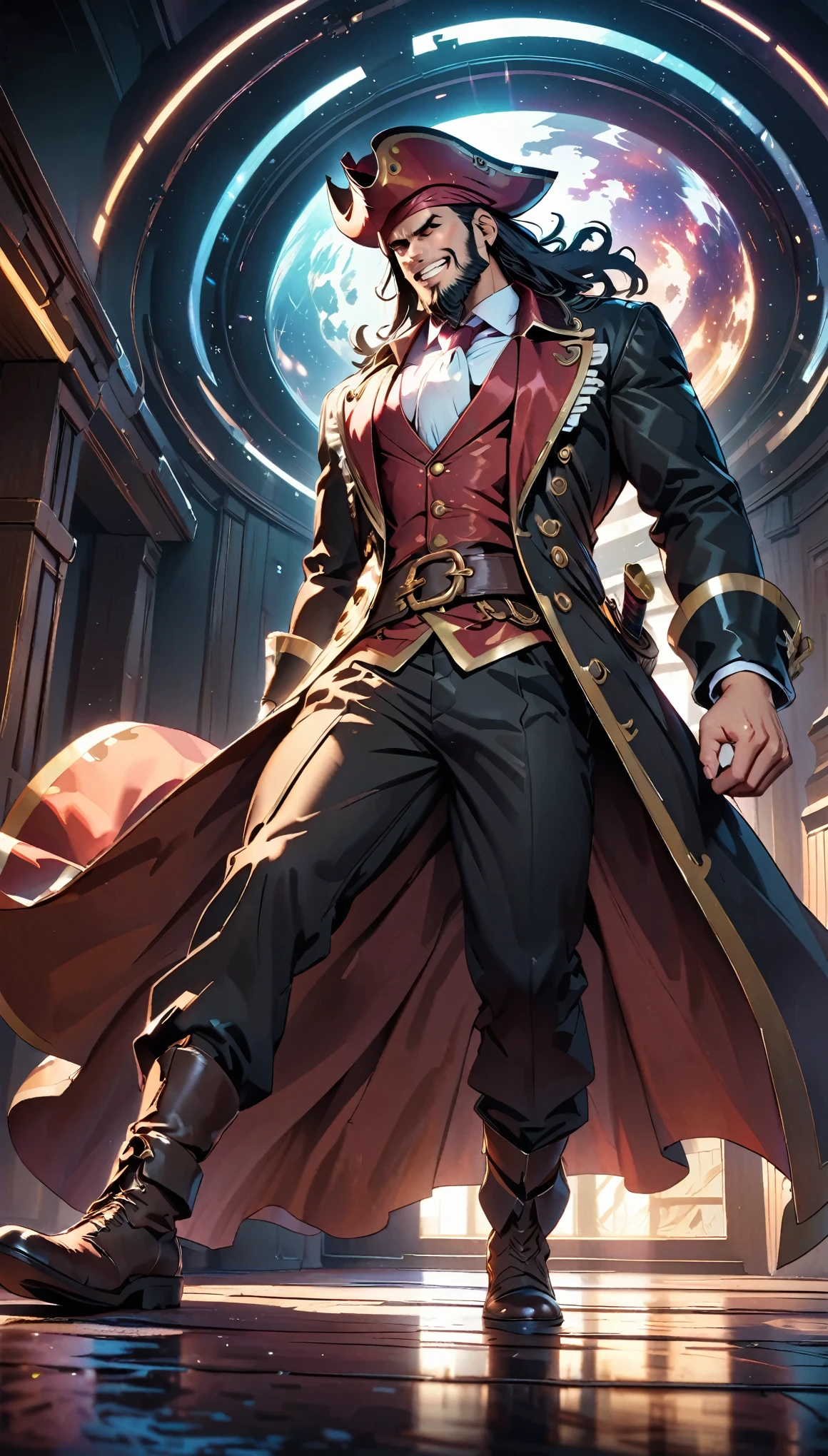 A fierce battle between pirates on the deck of a ship、Pirate costumes、dagger、Dramatic lighting、Cinematic composition、Detailed Texture、Dramatic lighting、Moody color palette、(Detailed pirate face、Sharp Eyes、beard、laughing)、Intricate details、Strong Shadows、Dynamic pose、Anime Style、Vivid Shadows、Gritty atmosphere、Intense action、High Contrast、Bright colors、Depth of written boundary、masterpiece、8k、Super detailed