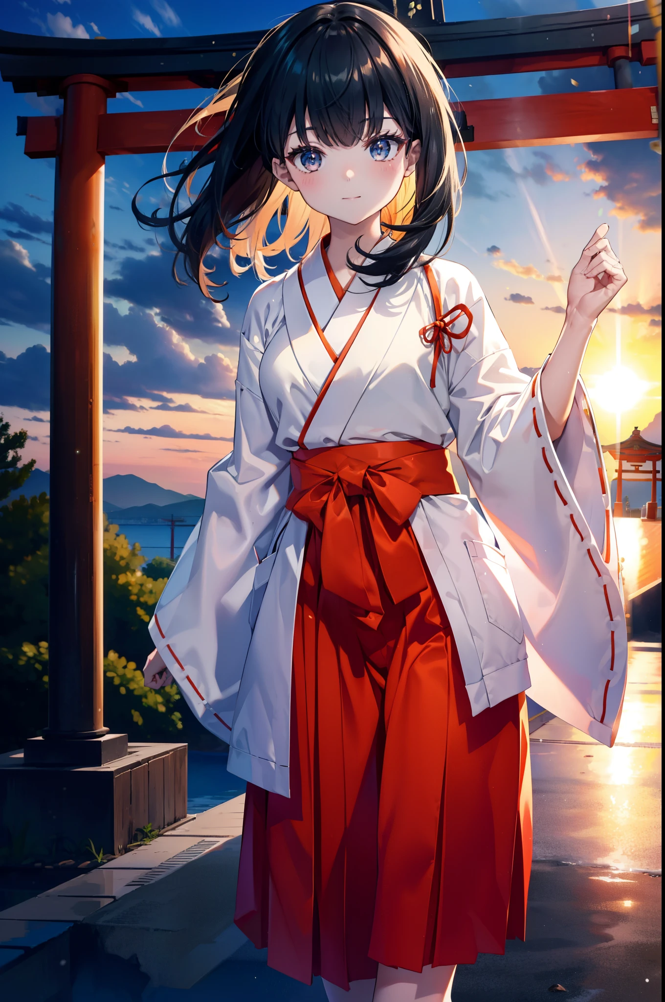 Rikka body,  Black Hair, blue eyes, Long Hair, orange Scrunchie, Scrunchie, wrist Scrunchie,smile,blush,White Kimono, kimono,Red Hakama,White tabi,Sandals Wide Sleeve, Long sleeve, Ribbon-trimmed sleeves,  Blunt bangs, low ponytail, Are standing,whole bodyがイラストに入るように,sunset,evening,The sun is setting,
break outdoors, shrine,torii,
break looking at viewer, whole body, (Cowboy Shot:1. 5),
break (masterpiece:1.2), Highest quality, High resolution, unity 8k wallpaper, (figure:0.8), (Beautiful attention to detail:1.6), Highly detailed face, Perfect lighting, Highly detailed CG, (Perfect hands, Perfect Anatomy),