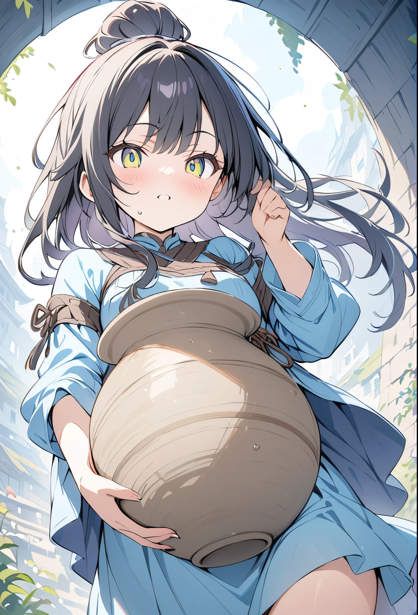 anime、デジタルanimeアート、Flat Design,(masterpiece:1.2)、high quality、High resolution、Very detailed、(Amazingly absurd:1.2)、BREAK、Jomon Period、Black Hair、long hair、Hair tied back、Girl holding Jomon pottery