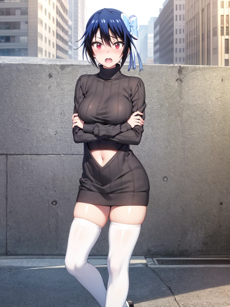 best quality:1.3, extremely detailed CG, super detailed skin, 4 fingers and 1 thumbs:1.3, five fingers:1.4, (seishirou tsugumi, big breast, midriff, solo), standing, spread arms, (sweater dress:1.2), show off nipple, beautiful nipple, open breast clothes, thighhighs, shoes, open mouth, embarrassed, park, front view, looking at viewer,