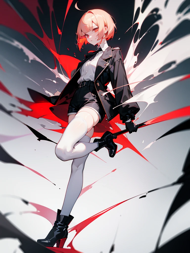 high detail,masterpiece, 4K, best quality, visible up to the knees, reply, red hair, ponytail, spiky bangs, female, gray eyes, Simple neck-length black clothes