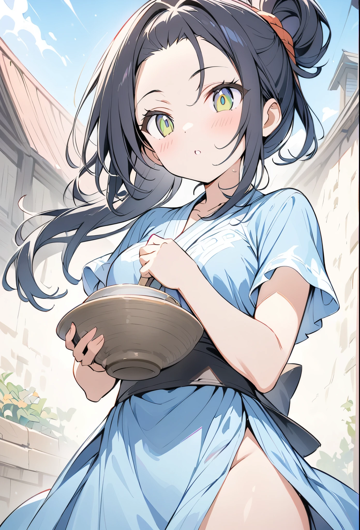 anime、デジタルanimeアート、Flat Design,(masterpiece:1.2)、high quality、High resolution、Very detailed、(Amazingly absurd:1.2)、BREAK、Jomon Period、Black Hair、long hair、Hair tied back、Girl holding Jomon pottery