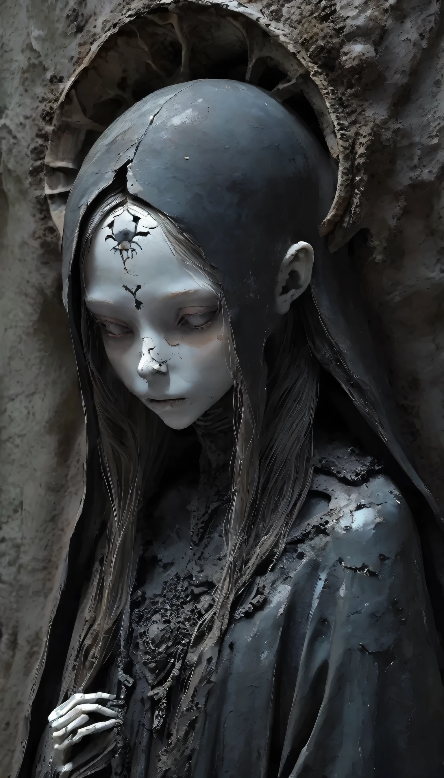 💀、☠、girl、❤、💀、Dark fantasy、💀🥵💗、old,dirty, mineral pigments,3D Clay Sculpture Art,Clay sculpture、One Woman、,looking at the viewer