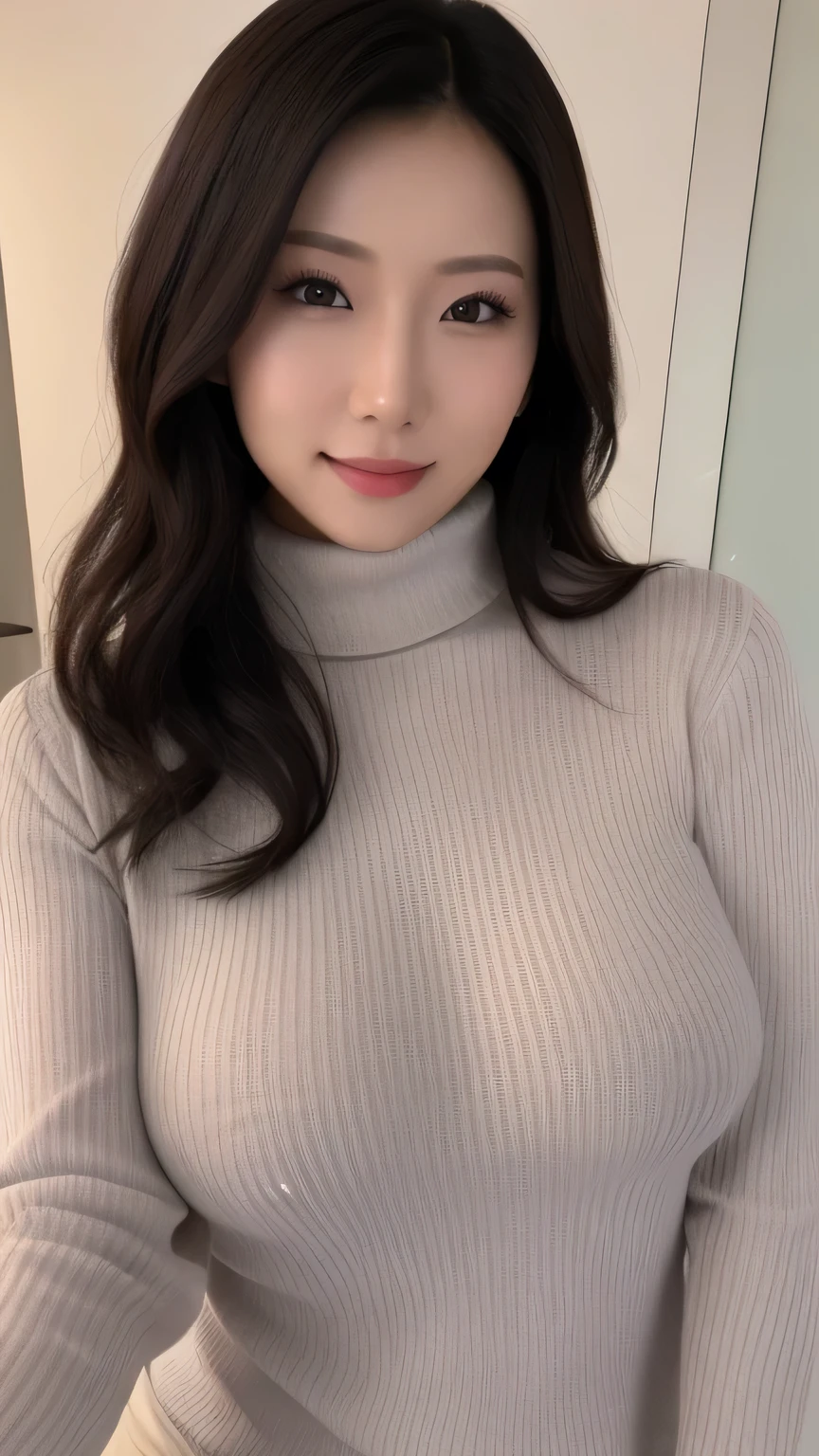 Asian woman wearing a turtleneck sweater、Showing off her nipples、
