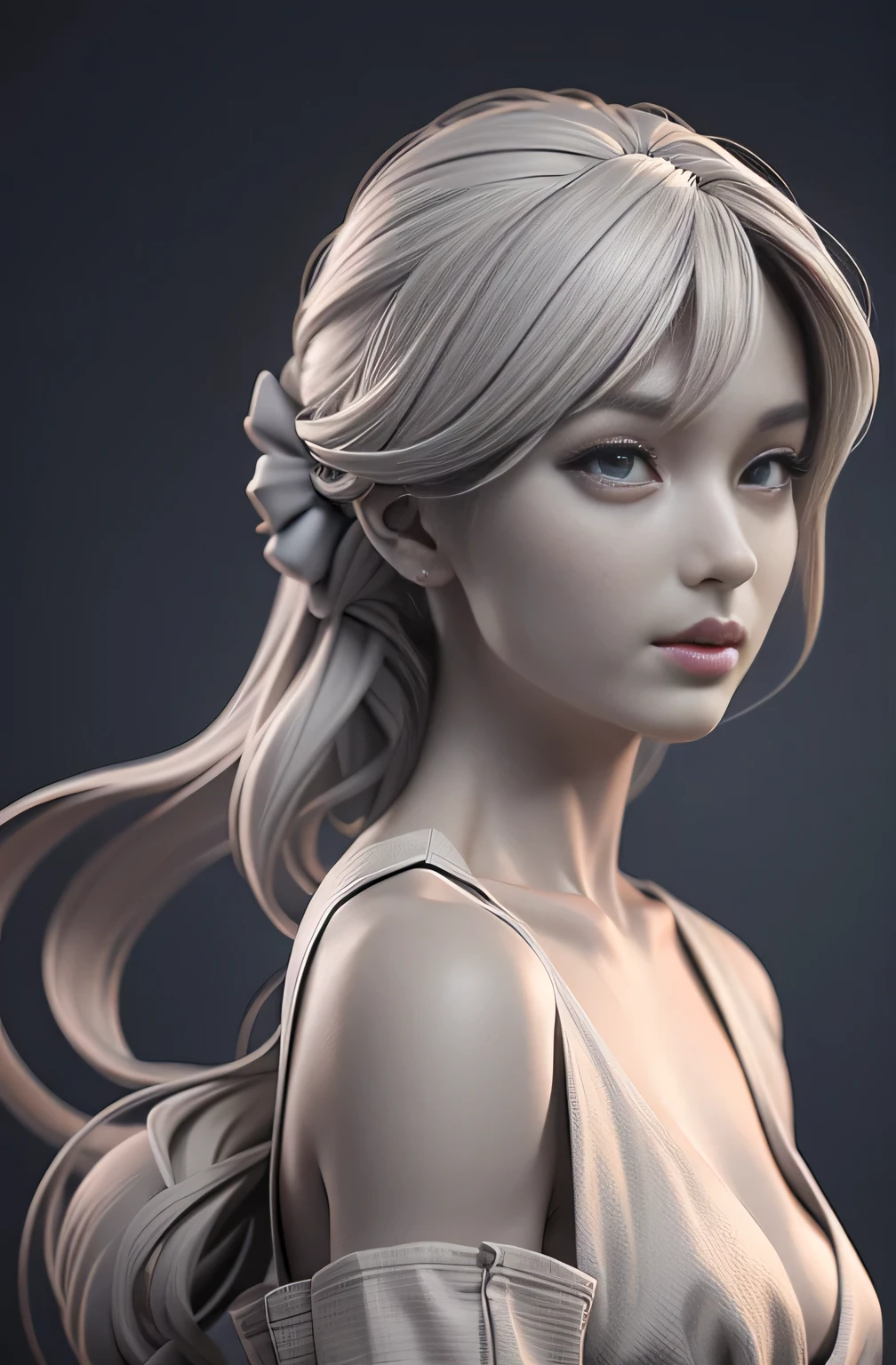 Gray clay style,(masutepiece, Best Quality), grayscales,ZBXR, 1girl in, Solo, breasts, Hair Ornament,  greybackground, Simple background, medium breasts, Upper body, White eyes, Dress