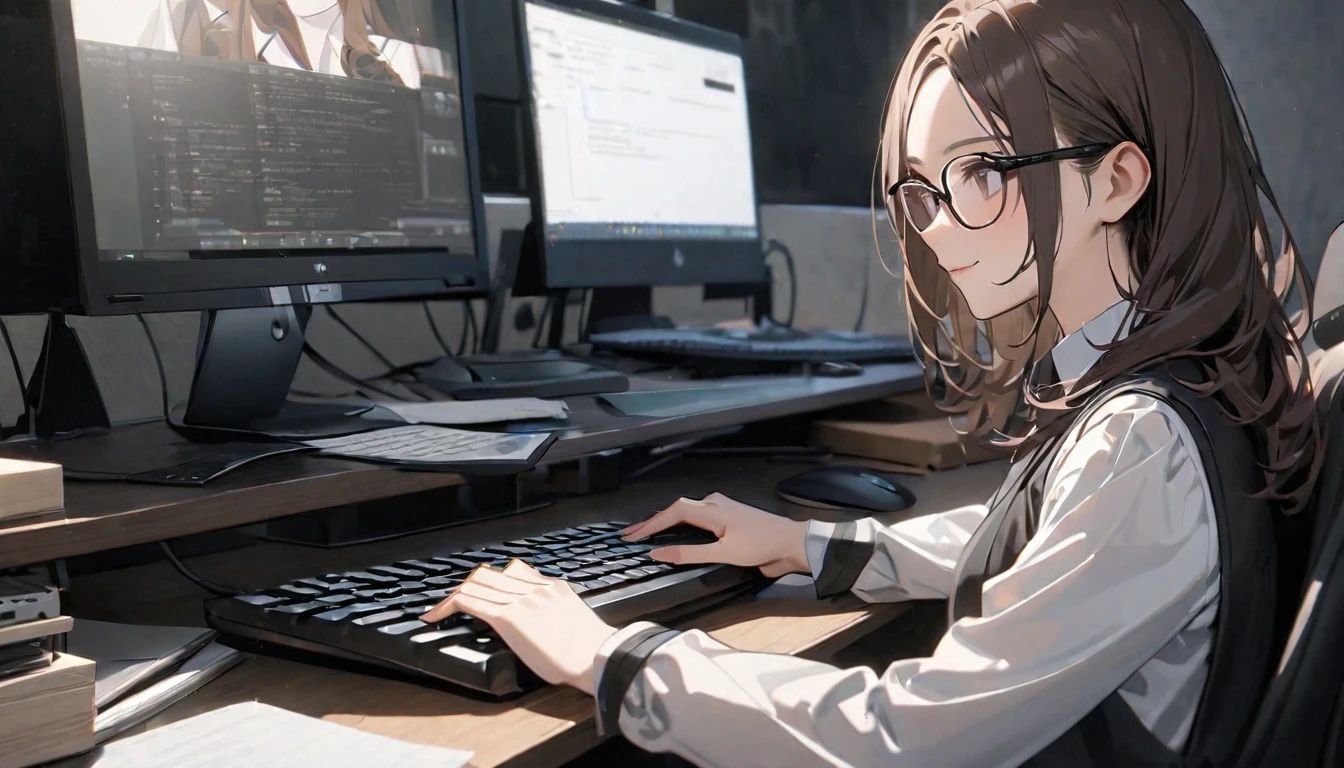 パソコンで仕事をするProfessionalグラマー,Portraiture,Professional,Wearing a smart suit,Stylish glasses,Typing on a sophisticated computer,Use a wireless mouse,Sitting at a modern desk,A soft smile,Soft natural light,High resolution,High resolution,Very detailed.One Woman ,alone, Dark brown hair ,Undistorted keyboard, focusing