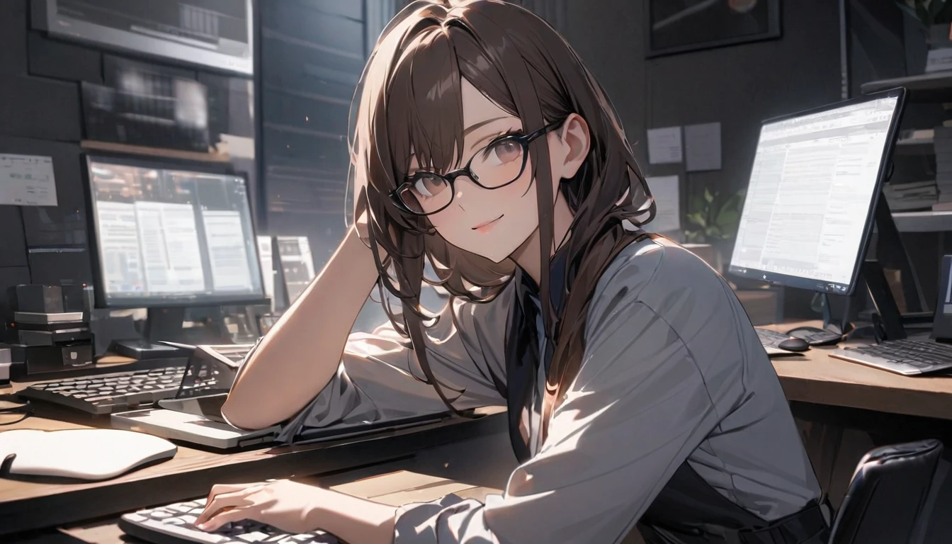 パソコンで仕事をするProfessionalグラマー,Portraiture,Professional,Wearing a smart suit,Stylish glasses,Typing on a sophisticated computer,Use a wireless mouse,Sitting at a modern desk,A soft smile,Soft natural light,High resolution,High resolution,Very detailed.One Woman ,alone, Dark brown hair ,Undistorted keyboard, focusing