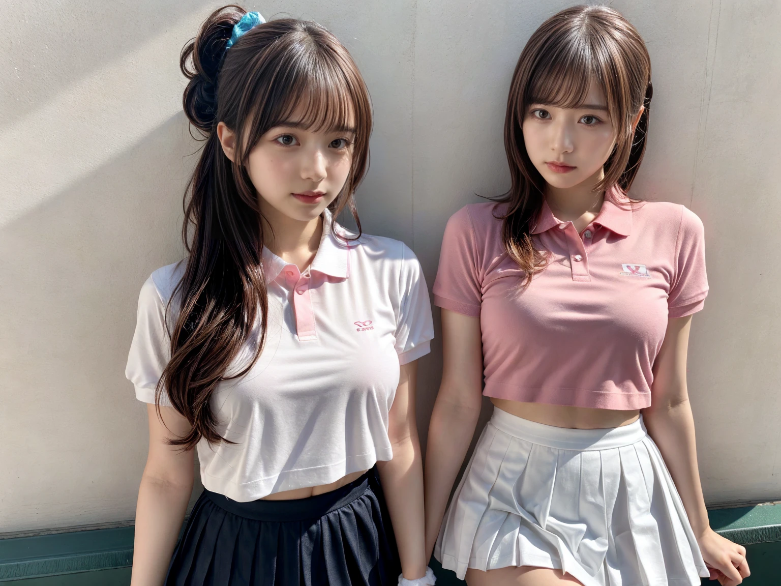 masterpiece, best quality, illustration, Super detailed, fine details, High resolution, 8K,wall paper, perfect dynamic composition,(Details High quality, realistic depiction of eyes:1.3), (2 girls), BREAK (white theme:1.4), (tucked-out short sleeve white polo shirt:1.4), (pink lines on tops outline:1.3), (pure white pleated mini skirt:1.3), (hem of top covers top half of skirt:1.3), (pink fluffy scrunchie on wrist:1.3), (white and pink sports shoes:1.2), short bob hair, (large breasts:1.2), plumpy body, black hair color, Big Natural Color Lip, (perfect body shape), crying a little、Harajuku style、20 year old girl、cute type、beautiful legs, Gravure Idol