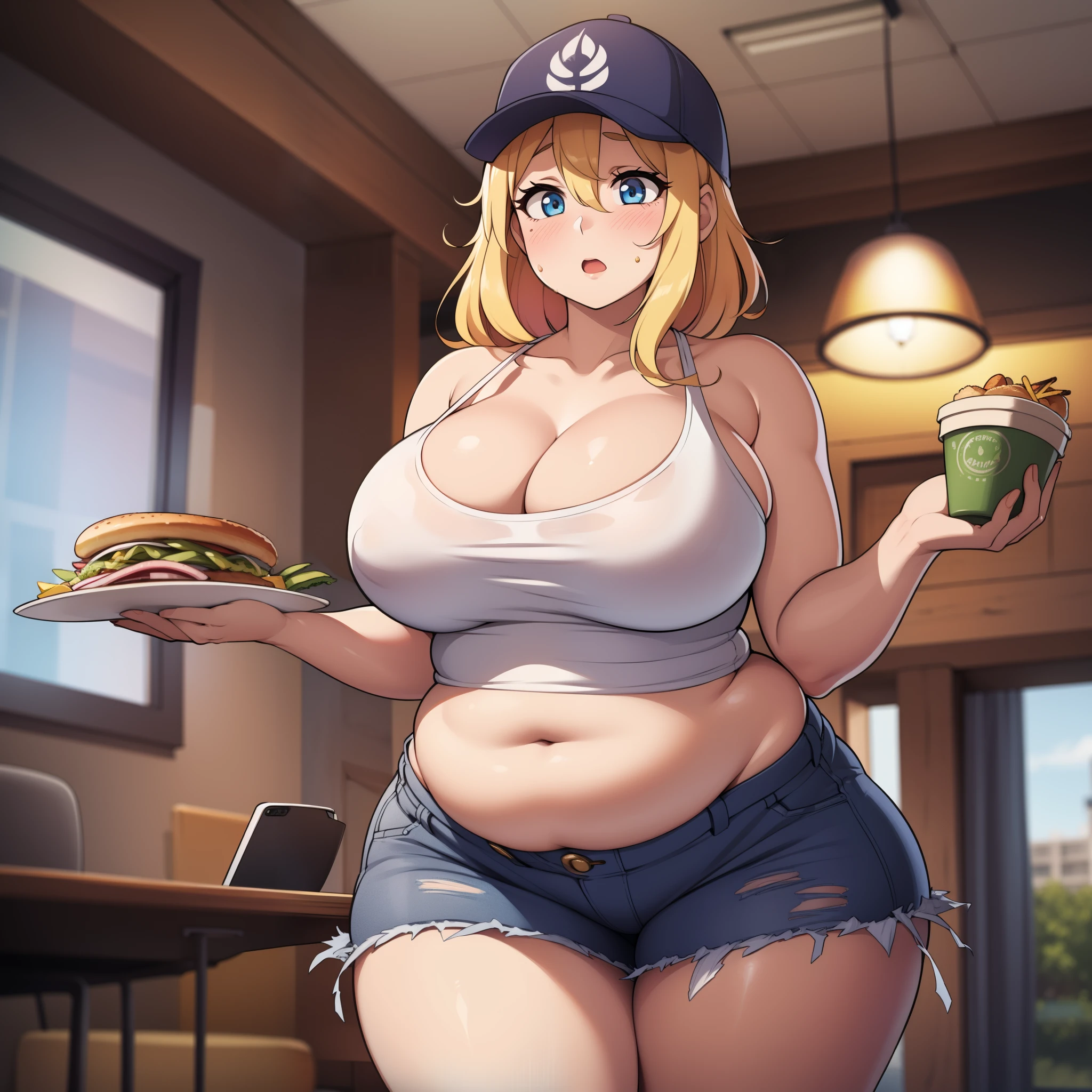 ((highres)), Masterpiece, high quality, best quality, beautiful, perfect lighting, detailed face, ultra cute face, full body, (cowboy shot), ((1girl)), ((solo)), skindentation, messy blonde hair, blue eyes, ((blush)), shocked, short skirt, tank top, thighs clothes, full body, standing in a fast food restaurant, table full of food, intricate background, large breasts, perky breasts, cleavage, ((wide hips)), ((thick thighs)), ((plump)), pudgy belly, fat folds, belly hang, holding a plate of food,