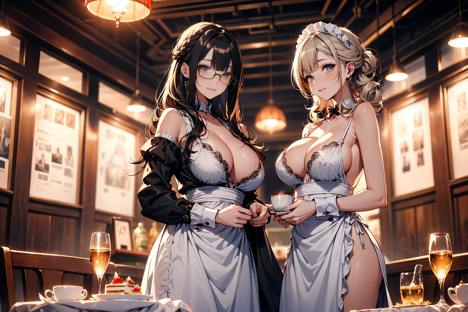 (Highest quality, masterpiece), (Ultra-high resolution, 8K RAW Photos, Photorealistic:1.5, Cinema Lighting, Fabric Shading, Thin contours, Clear focus:1.2), Beautiful mature woman making tea_Garden party, Standing by the round table, Serve tea, Leaning forward, (Meisen tea set, you can, Tea cup, Some cakes on a plate), Delicate and elegant French style white table with gold accents and royal_green, (茶色のMaid clothesを着ている:1.5, (Cleavage:1.5), Maid clothes:1.2, Long Flared Skirt, apron, Bow tie on chest), Tall Sally, Long legs, Gray Hair, (Wearing thin glasses:1.2), (Mature Woman:1.5, 28 years old, alone), (Large Breasts:1.9), (Saggy breasts:1.9), big , Tight waist), (medium short Gray Hair, Hair on one eye, (Updo:1.2), Side Lock, Asymmetrical Hair, Wavy Hair), (thin and bright pupils, Highlighted, detailed eyes:1.3, A face with attention to detail, perfect face shape, Bloodshot eyes), (A seductive smile, Half-close your eyes:1.2), (Looking at the audience:1.3), (Dutch Angle, whole body:0.7, From below:1.2), ((Correct Anatomy:1.5, The right move)), (Ideal body proportions), (Outdoor:1.2, grassland),