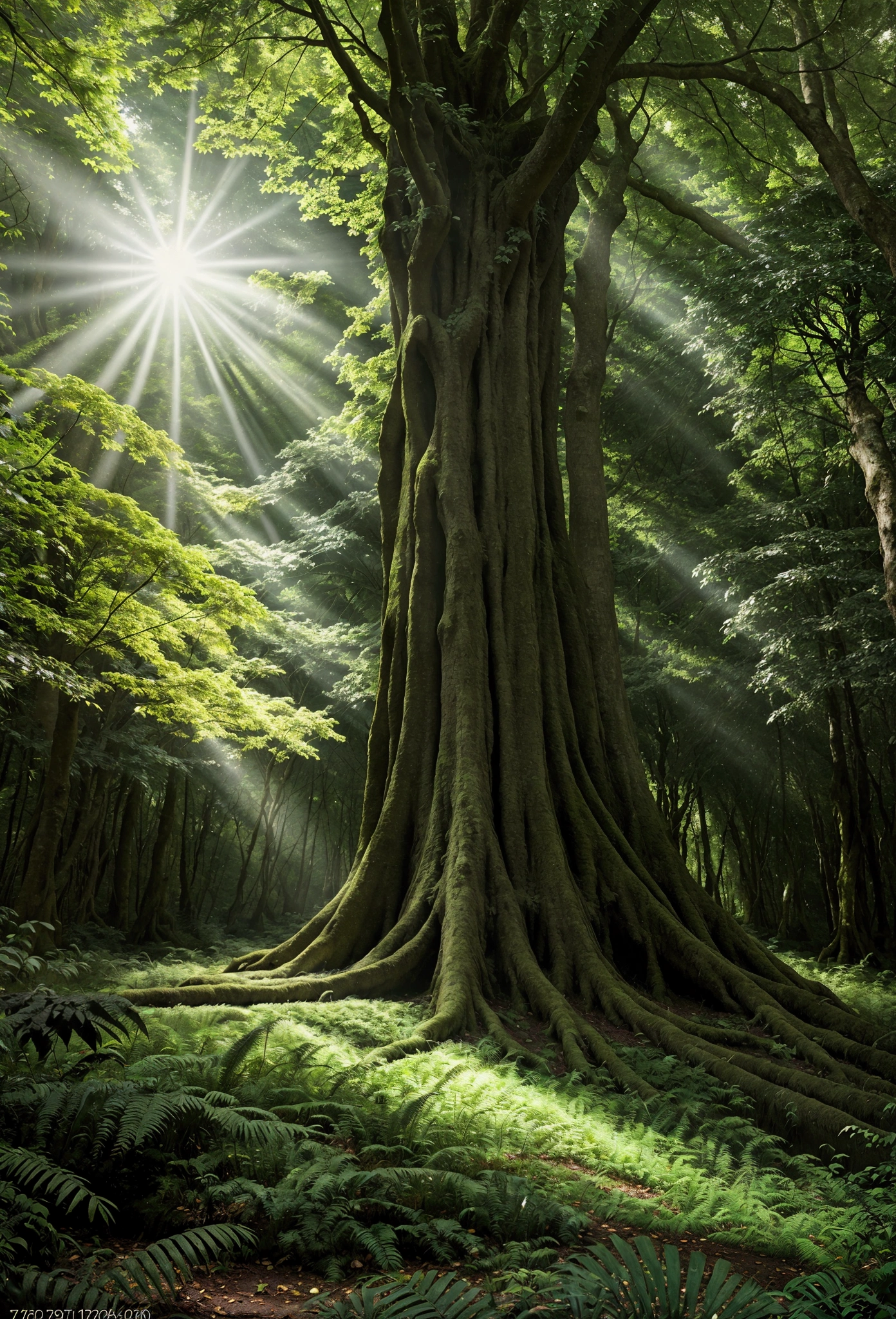 A lush green forest with towering ancient trees, sunlight streaming through the dense canopy, low-angle view from the forest floor, stunning natural lighting, detailed landscape, photorealistic, 8k, cinematic composition, dramatic lighting, vibrant colors, serene atmosphere