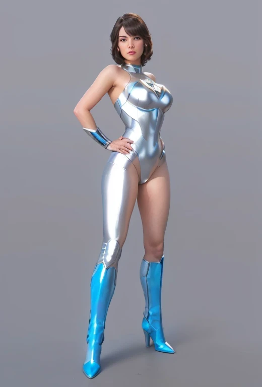 Close-up：A woman wearing a shiny silver bodysuit and blue boots, As a retro-futuristic heroine, Sci-fi woman, Wonder Woman, Samus Zero, Fighting Game Characters, Super Heroine Costume, Full body rendering, Beautiful girl poster, super-hero girl, skintight silver armor, Superhero pose, 60s sci-fi poster style