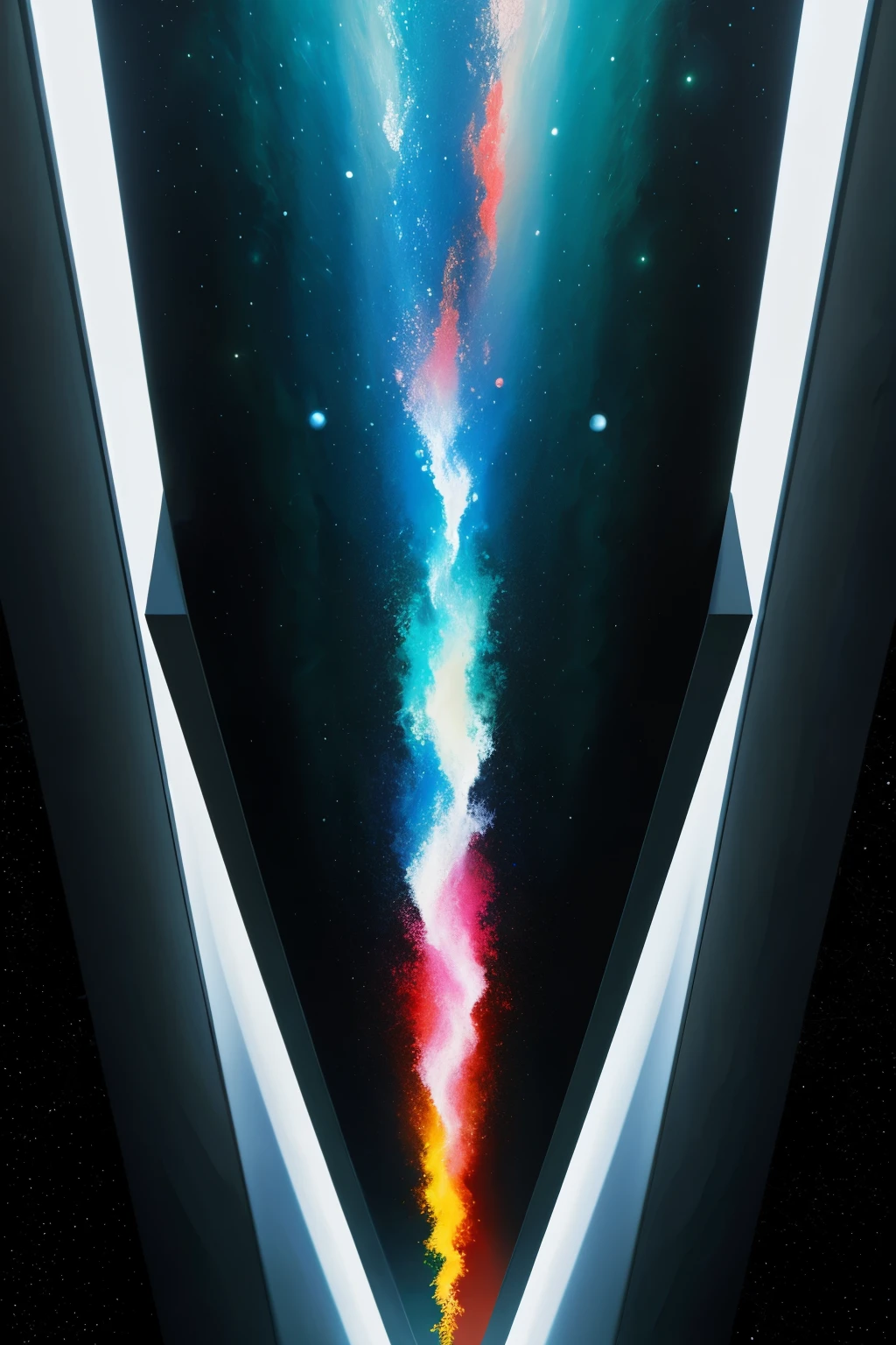 ((best quality)), ((masterpiece)), 3D Amorphous futuristic painting that consists the word 5D and portray about space and time, element, nature, individualde