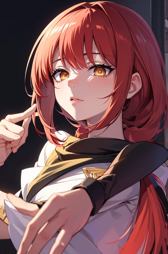 masterpiece, best quality, crossed fingers, (extremely detailed CG unity 8k wallpaper, masterpiece, best quality, ultra-detailed, best shadow), (detailed background), (beautiful detailed face, beautiful detailed eyes), High contrast,1girl, close up of a woman, anime girl with red hair and a white shirt and tie, pixiv, female anime character, detailed portrait of anime girl, anime character, realistic anime artstyle, anime girl portrait, crossed fingers, upper body mulher pelada 