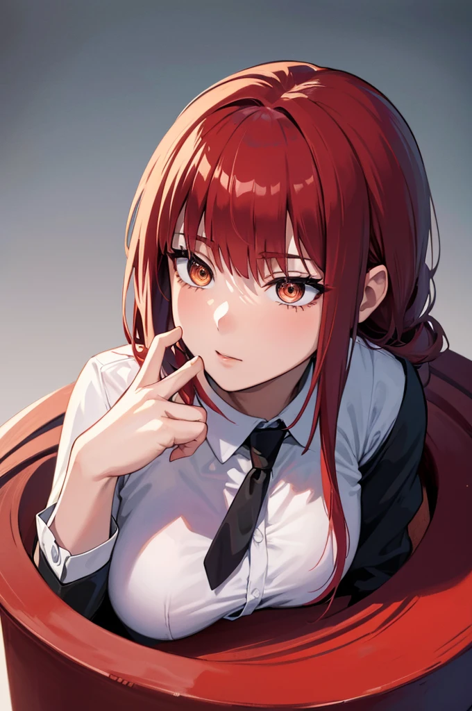 masterpiece, best quality, crossed fingers, (extremely detailed CG unity 8k wallpaper, masterpiece, best quality, ultra-detailed, best shadow), (detailed background), (beautiful detailed face, beautiful detailed eyes), High contrast,1girl, close up of a woman, anime girl with red hair and a white shirt and tie, pixiv, female anime character, detailed portrait of anime girl, anime character, realistic anime artstyle, anime girl portrait, crossed fingers, upper body mulher pelada 