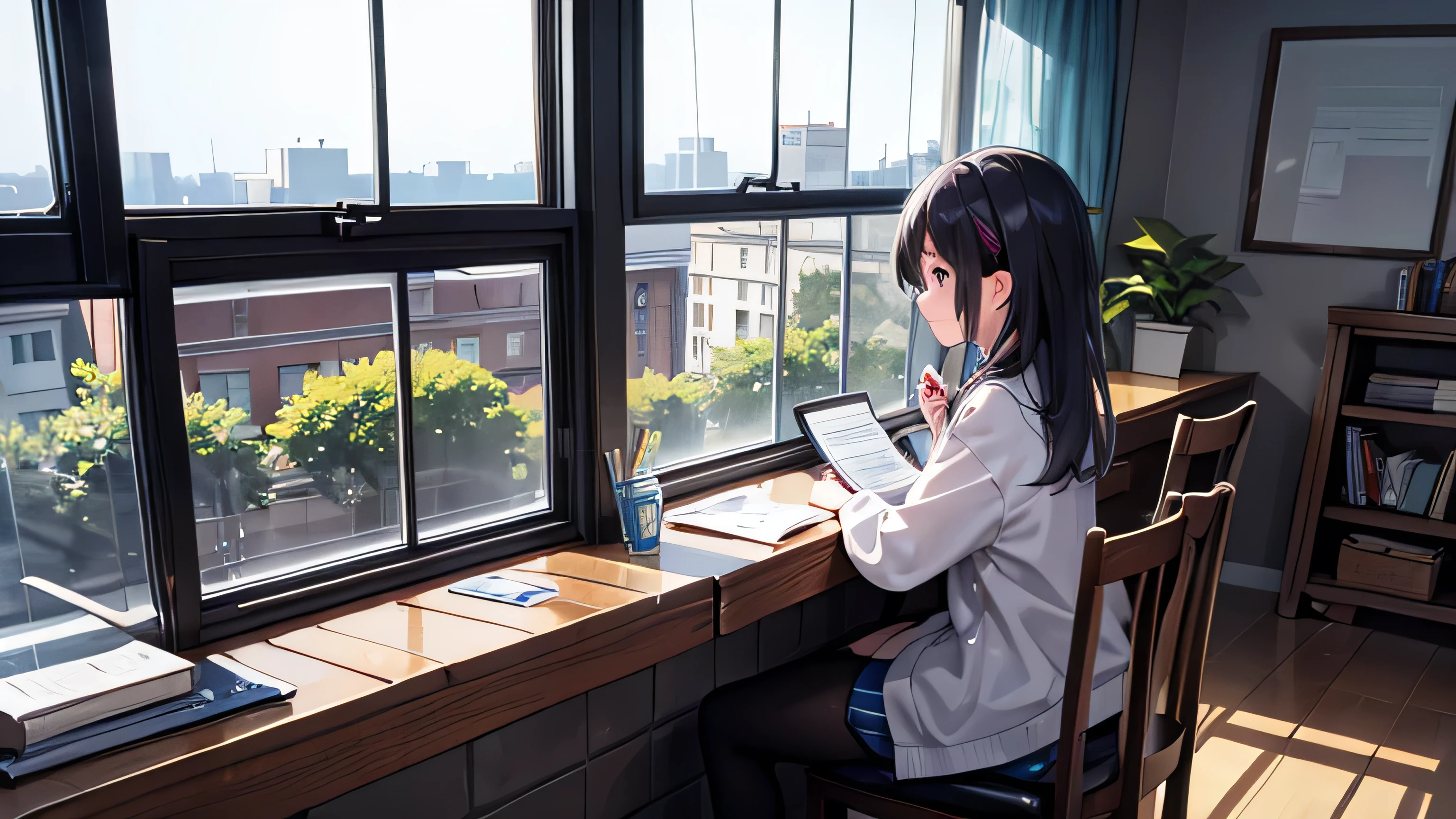I can see a girl studying from the window.