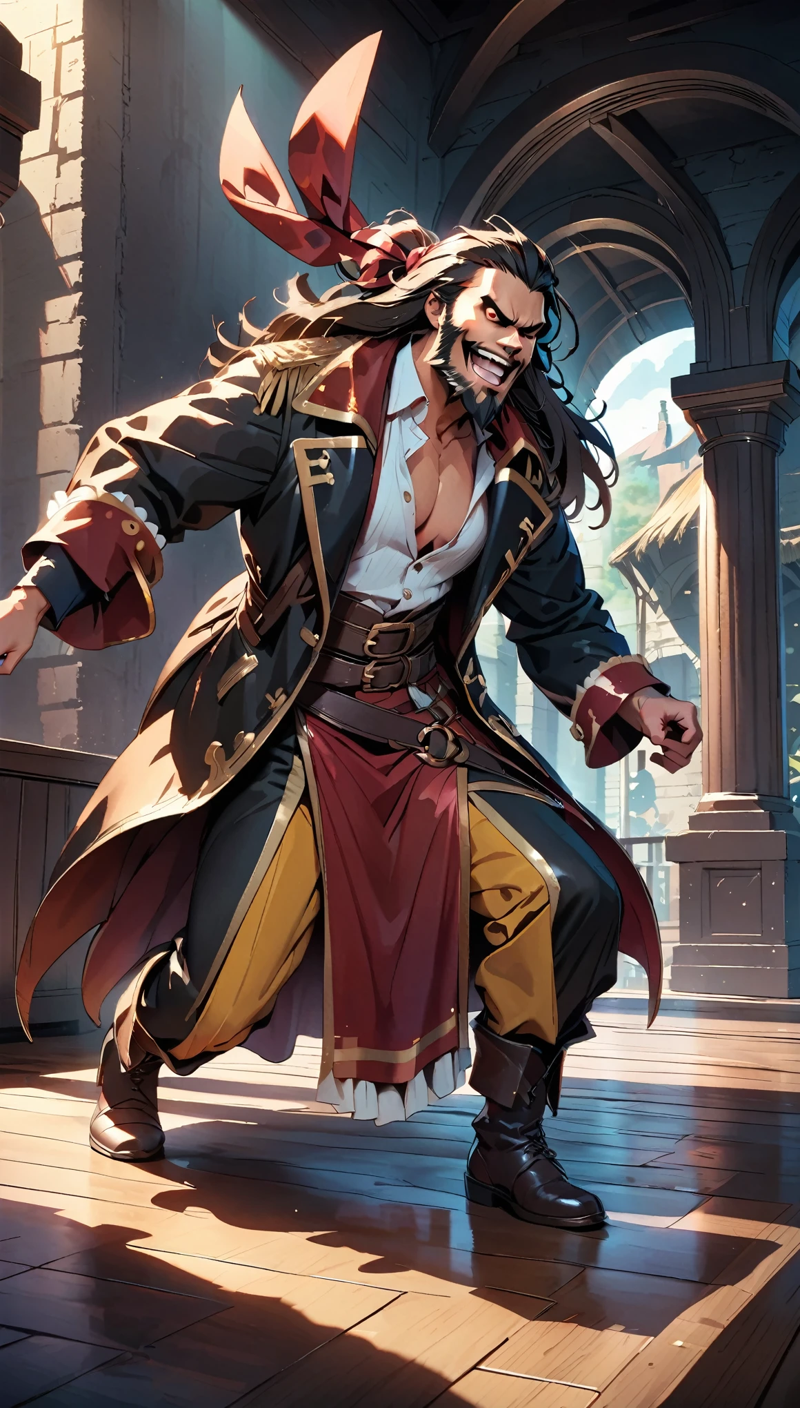A fierce battle between pirates on the deck of a ship、Pirate costumes、dagger、Dramatic lighting、Cinematic composition、Detailed Texture、Dramatic lighting、Moody color palette、(Detailed pirate face、Sharp Eyes、beard、laughing)、Intricate details、Strong Shadows、Dynamic pose、Anime Style、Vivid Shadows、Gritty atmosphere、Intense action、High Contrast、Bright colors、Depth of written boundary、masterpiece、8k、Super detailed