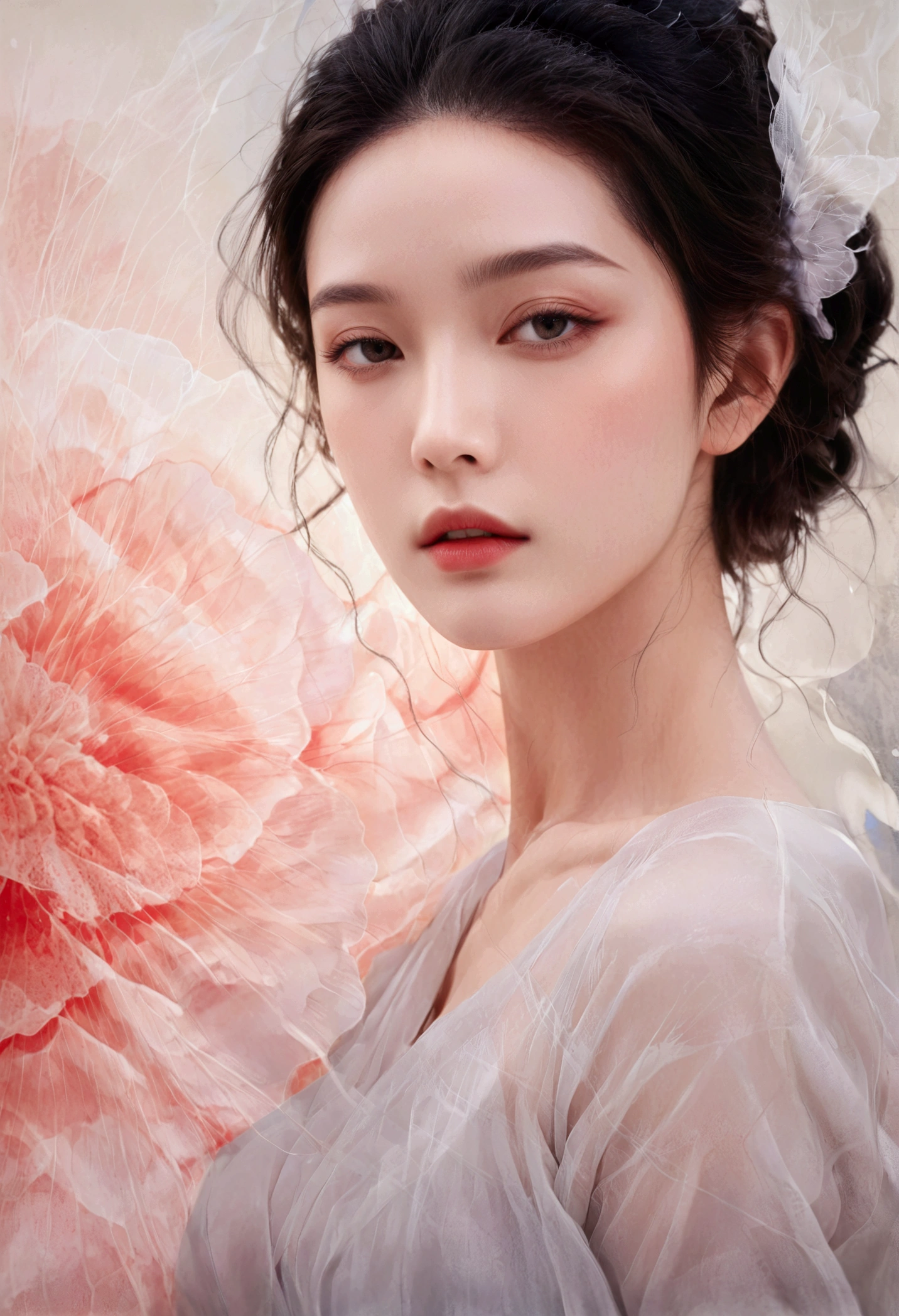 beautiful detailed eyes, beautiful detailed lips, extremely detailed eyes and face, long eyelashes, beautiful woman, elegant, graceful, alluring pose, flowing hair, traditional Chinese ink wash painting style, delicate linework, calligraphic brushstrokes, monochrome, minimalist, abstract, expressive lines, dynamic composition, sensual curves, elegant silhouette, serene, contemplative, introspective, cinematic lighting, dramatic shadows, high contrast, mesmerizing, ethereal, visually striking