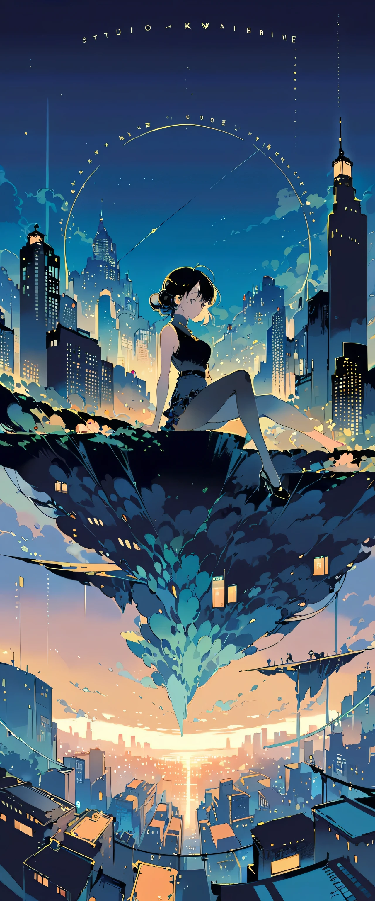 Girl in black top sitting on the edge of a skyscraper, Studio Ghibli, Cityscape, Detailed illustrations, Official Art, In kawacy style, Graceful Movement, Nocturne, Composed, HD wallpaper