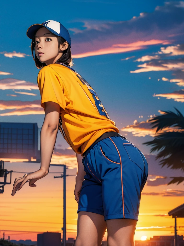 core_9, score_8_up, score_7_up, score_6_up BREAK Marin wearing a baseball uniform, shorts, baseball cap, looking at viewer, from side, bent over, arm support, sunset, wink, bubblegum, bubble butt, Marin Kitagawa