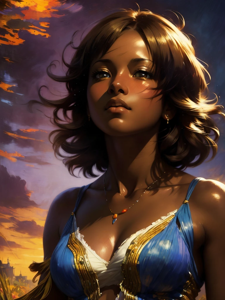 ((Solo Beautiful Caribbean woman with dark skin and striking eyes)), shadowed interior background, art by akihiko yoshida, manga art style, colorfield illustration, Scary atmosphere, global illumination, by frank frazetta, art by goro fujita, glamour shot, banner, blur, anime key visual, (blue, yellow and grey colors), dramatic photo, anime girl, Intricate details, chiaroscuro, pino daeni, impressionist (best quality, masterpiece)