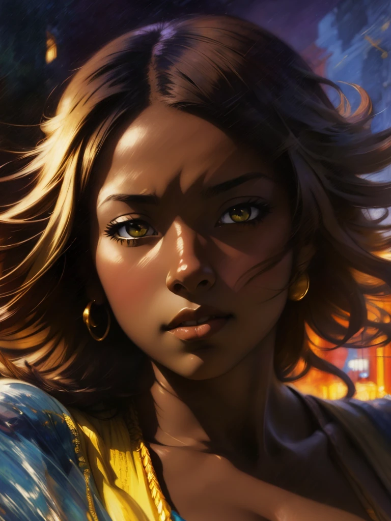 ((Solo Beautiful Caribbean woman with dark skin and striking eyes)), shadowed interior background, art by akihiko yoshida, manga art style, colorfield illustration, Scary atmosphere, global illumination, by frank frazetta, art by goro fujita, glamour shot, banner, blur, anime key visual, (blue, yellow and grey colors), dramatic photo, anime girl, Intricate details, chiaroscuro, pino daeni, impressionist (best quality, masterpiece)