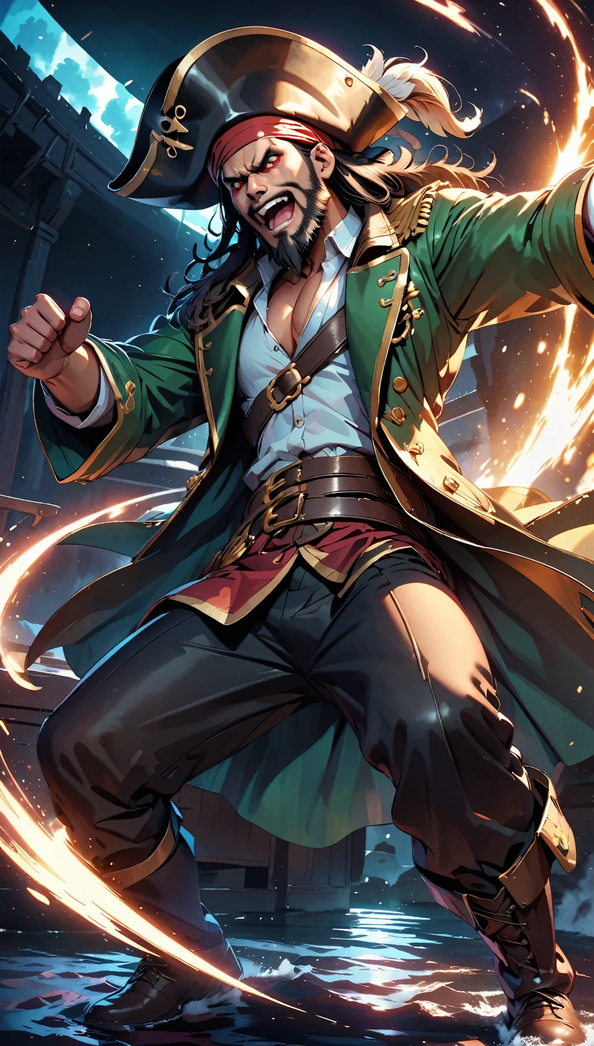 A fierce battle between pirates on the deck of a ship、Pirate costumes、dagger、Dramatic lighting、Cinematic composition、Detailed Texture、Dramatic lighting、Moody color palette、(Detailed pirate face、Sharp Eyes、beard、laughing)、Intricate details、Strong Shadows、Dynamic pose、Anime Style、Vivid Shadows、Gritty atmosphere、Intense action、High Contrast、Bright colors、Depth of written boundary、masterpiece、8k、Super detailed
