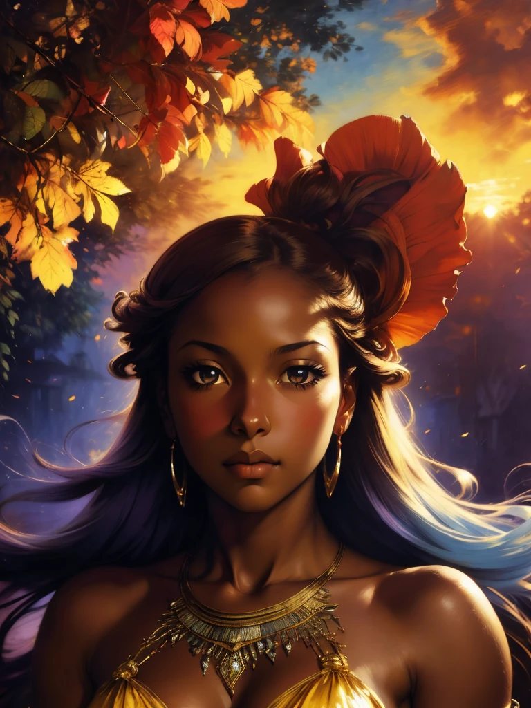 ((Solo Beautiful Caribbean woman with dark skin and striking eyes)),  shadowed interior background, art by akihiko yoshida, manga art style, colorfield illustration, Scary atmosphere, global illumination, by frank frazetta, art by goro fujita, glamour shot, banner, blur, anime key visual, (blue, yellow and grey colors), dramatic photo, anime girl, Intricate details, chiaroscuro, pino daeni, impressionist (best quality, masterpiece)