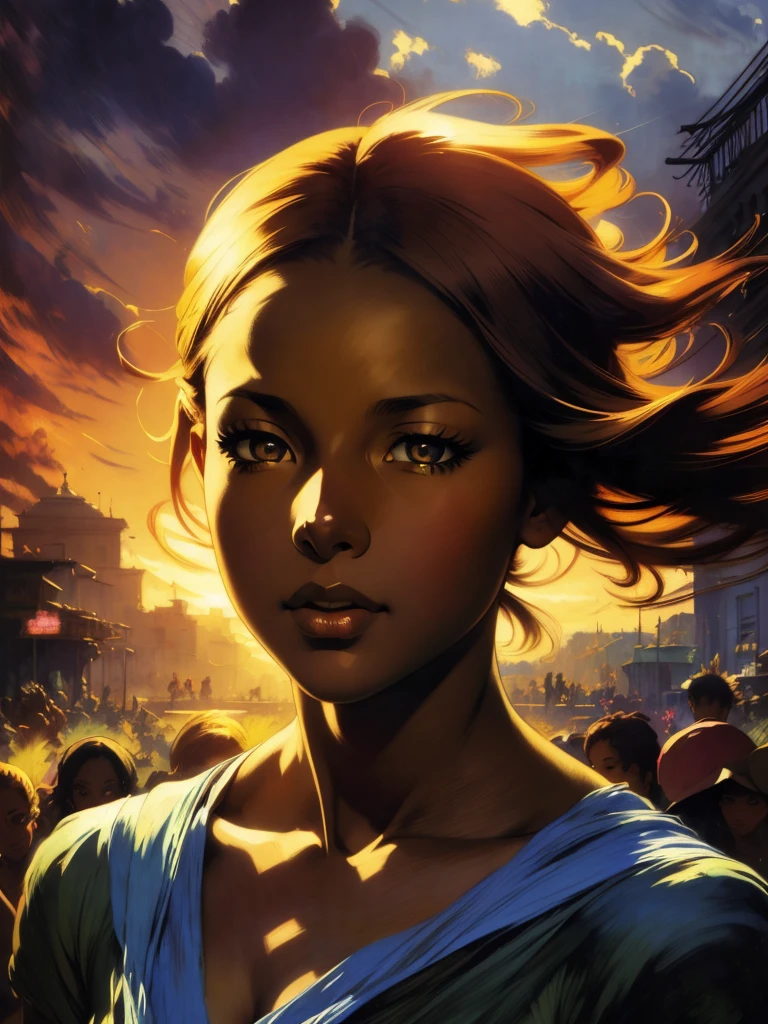 ((Solo Beautiful Caribbean woman with dark skin and striking eyes)), shadowed interior background, art by akihiko yoshida, manga art style, colorfield illustration, Scary atmosphere, global illumination, by frank frazetta, art by goro fujita, glamour shot, banner, blur, anime key visual, (blue, yellow and grey colors), dramatic photo, anime girl, Intricate details, chiaroscuro, pino daeni, impressionist (best quality, masterpiece)