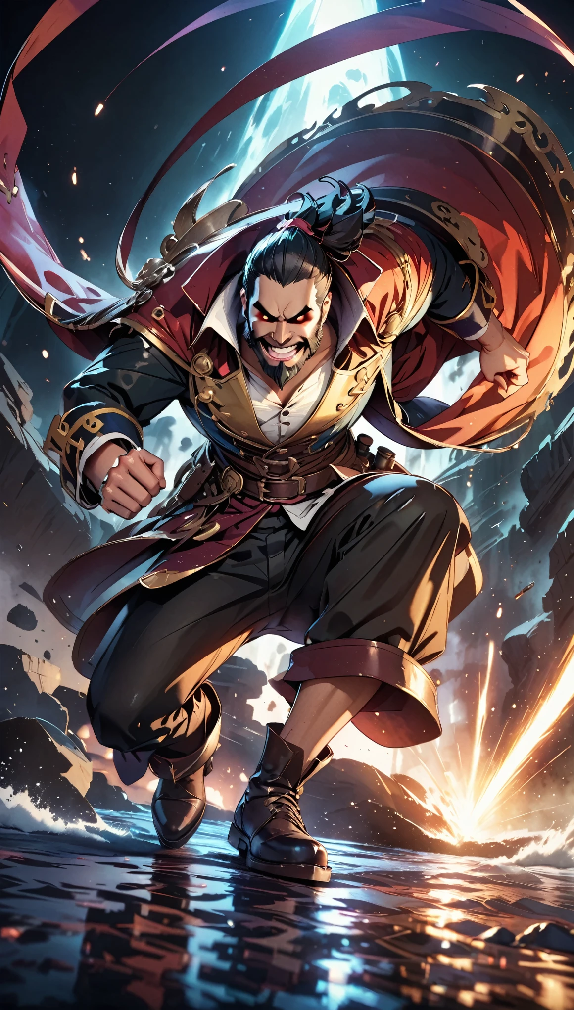 A fierce battle between pirates on the deck of a ship、Pirate costumes、dagger、Dramatic lighting、Cinematic composition、Detailed Texture、Dramatic lighting、Moody color palette、(Detailed pirate face、Sharp Eyes、beard、laughing)、Intricate details、Strong Shadows、Dynamic pose、Anime Style、Vivid Shadows、Gritty atmosphere、Intense action、High Contrast、Bright colors、Depth of written boundary、masterpiece、8k、Super detailed