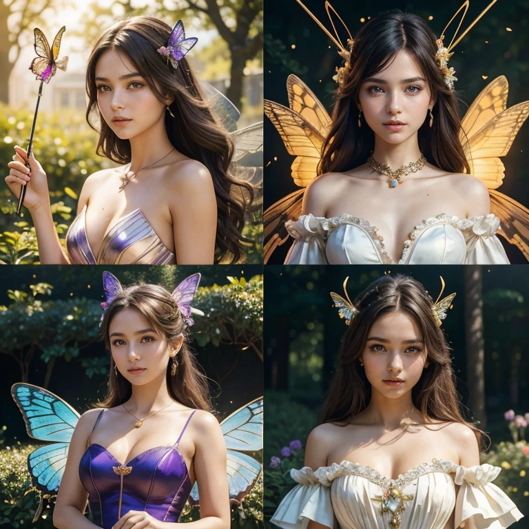 (​masterpiece, best quality:1.5), highest quality, High resolution, super detailed, Realists, Upper body photo of a brunette -yeld maal girl, detailed and beautiful eyes, beautiful detailed lips, very detailed eyes and face, longeyelashes, shiny satin dress, Holding a magic wand in your hand, Cast a transformation spell, Wasps turn into butterflies, Magic wands present and shiny, Beautiful and colorful makeup, elegant and noble々The jewelry bag, Gardens as background, soft daylight, bright colors, fine brushstrokes, Portrait style, Silk dress fabric, beautiful color palette, glowing skin, First-class rendering, that captures every detail, enchanting atmosphere, subtle shadows and lights, (perfect anatomy:1.2), (The two stunning 14 and 12Girls transform wasps into butterflies. (a transformation with the magic wand:1.4), (magnificent panorama view:1.2)