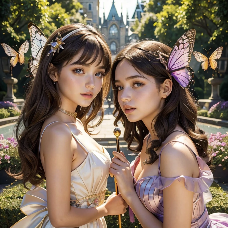 (masterpiece, best quality:1.5), highest quality, High resolution, super detailed, Realists, Upper body photo of a brunette -yeld maal girl, detailed and beautiful eyes, beautiful detailed lips, very detailed eyes and face, longeyelashes, shiny satin dress, Holding a magic wand in your hand, Cast a transformation spell, Wasps turn into butterflies, Magic wands present and shiny, Beautiful and colorful makeup, elegant and noble々The jewelry bag, Gardens as background, soft daylight, bright colors, fine brushstrokes, Portrait style, Silk dress fabric, beautiful color palette, glowing skin, First-class rendering, that captures every detail, enchanting atmosphere, subtle shadows and lights, (perfect anatomy:1.2), (The two stunning 14 and 12Girls transform wasps into butterflies. (a transformation with the magic wand:1.4), (magnificent panorama view:1.2)
