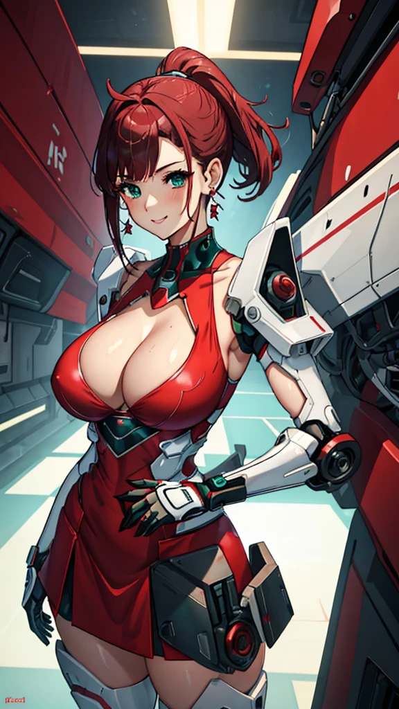 18-year-old girl，*********，Crimson short-haired，ponytail hairstyle，Smile，Huge breasts，cleavage，Sheer red sleeveless top，Leave space in the middle to reveal cleavage，Soaked all over，Blushing，green eyes，Female spy，Red miniskirt，White gloves，White hand sleeves，White boots，Science fiction，Future，Inside the mecha combat robot warehouse，robot driver，Pistol hanging on waist，No bangs，Wearing earrings only on one side，Lipstick