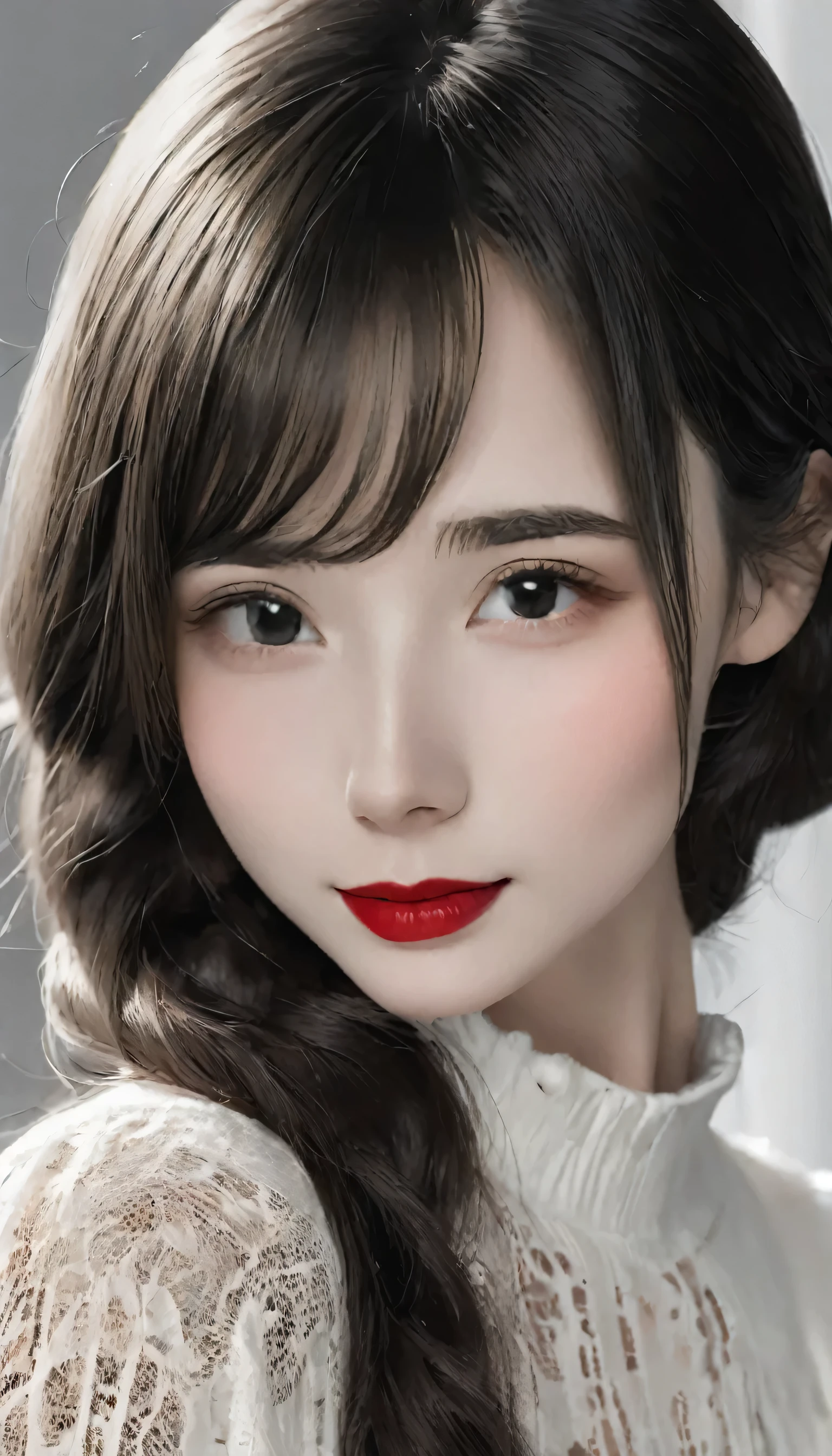 (((Black and white art:1.2、Black and white photography、RAW Photos、Film Grain)))、Beautiful woman、Small Nose、((Fuller lips、Attractive red lips:1.3))、light smile,Attractive hairstyle、dress、highest quality、High resolution、High resolution、Cinema Lighting、Black and white photography、Professional Photographer