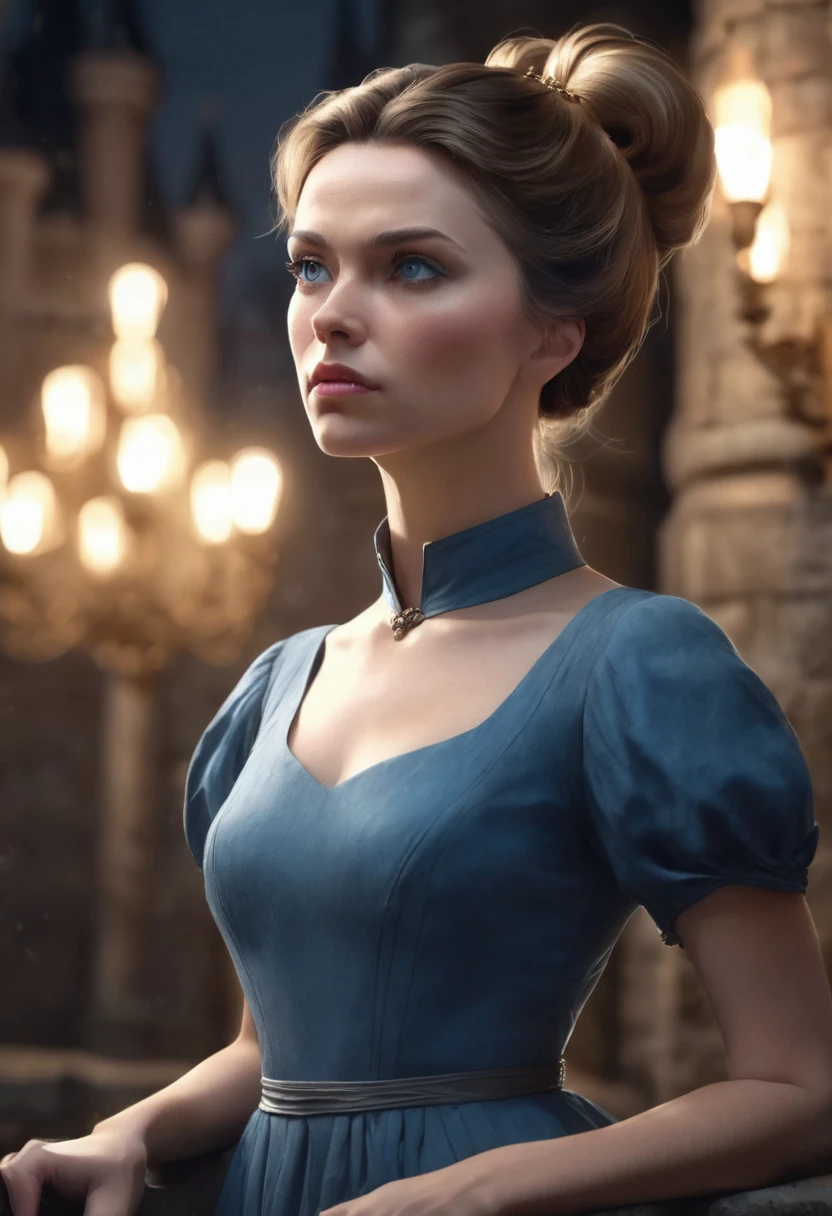 1 woman, inside a castle at night, wearing an elegant blue dress with a high collar, slim body, detailed facial features, feminine blue-gray eyes, small pointy ears, detailed fair skin, golden brown hair in a bun, dramatic lighting, cinematic composition, dark palette, dark colors, atmospheric fog, thin chin, angry face, serious face, thin and beautiful woman, adult woman, ultra realistic, profile picture, adult woman (best quality, 4K, 8K, high resolution, art: 1.2), ultra detailed (realistic, photorealistic, photorealistic: 1.37)