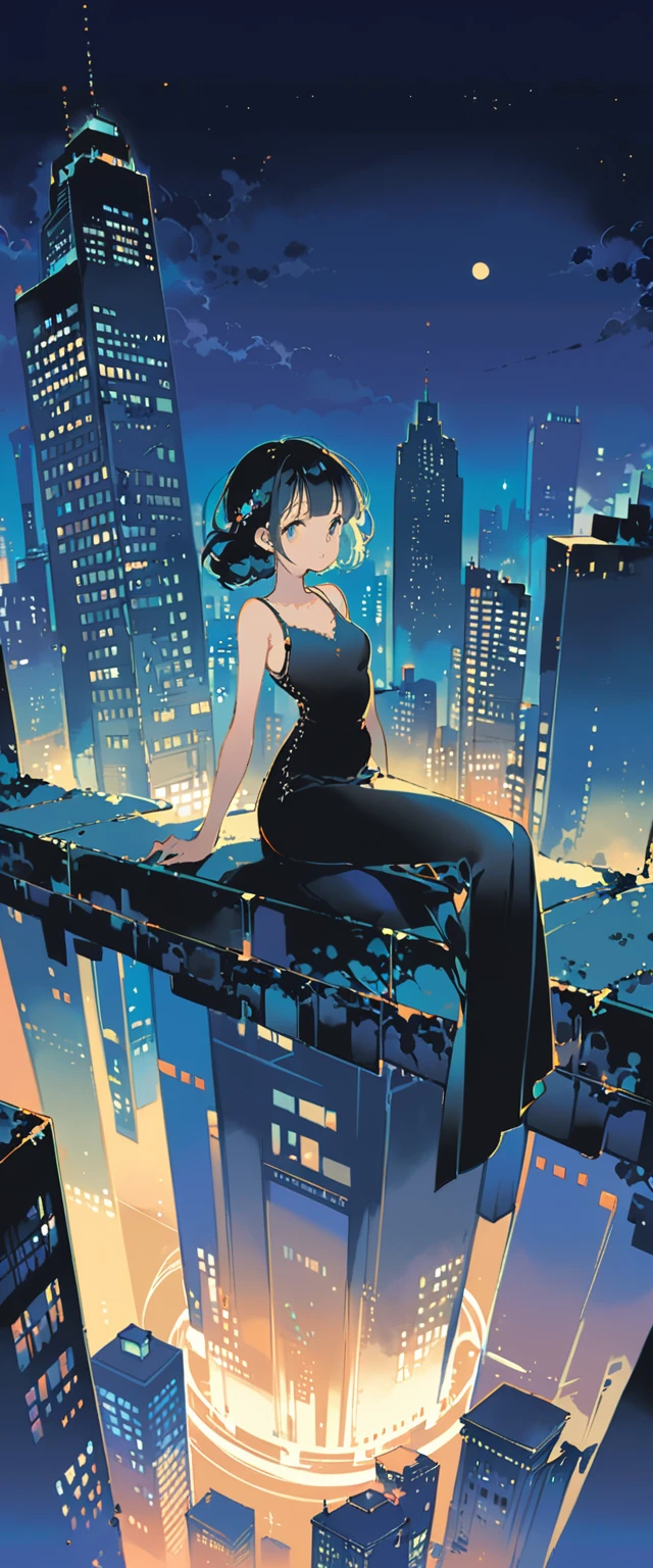 Girl in black top sitting on the edge of a skyscraper, Studio Ghibli, Cityscape, Detailed illustrations, Official Art, In kawacy style, Graceful Movement, Nocturne, Composed, HD wallpaper