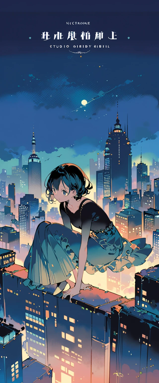 Girl in black top sitting on the edge of a skyscraper, Studio Ghibli, Cityscape, Detailed illustrations, Official Art, cute, Graceful Movement, Nocturne, Composed, HD wallpaper,Very shining,