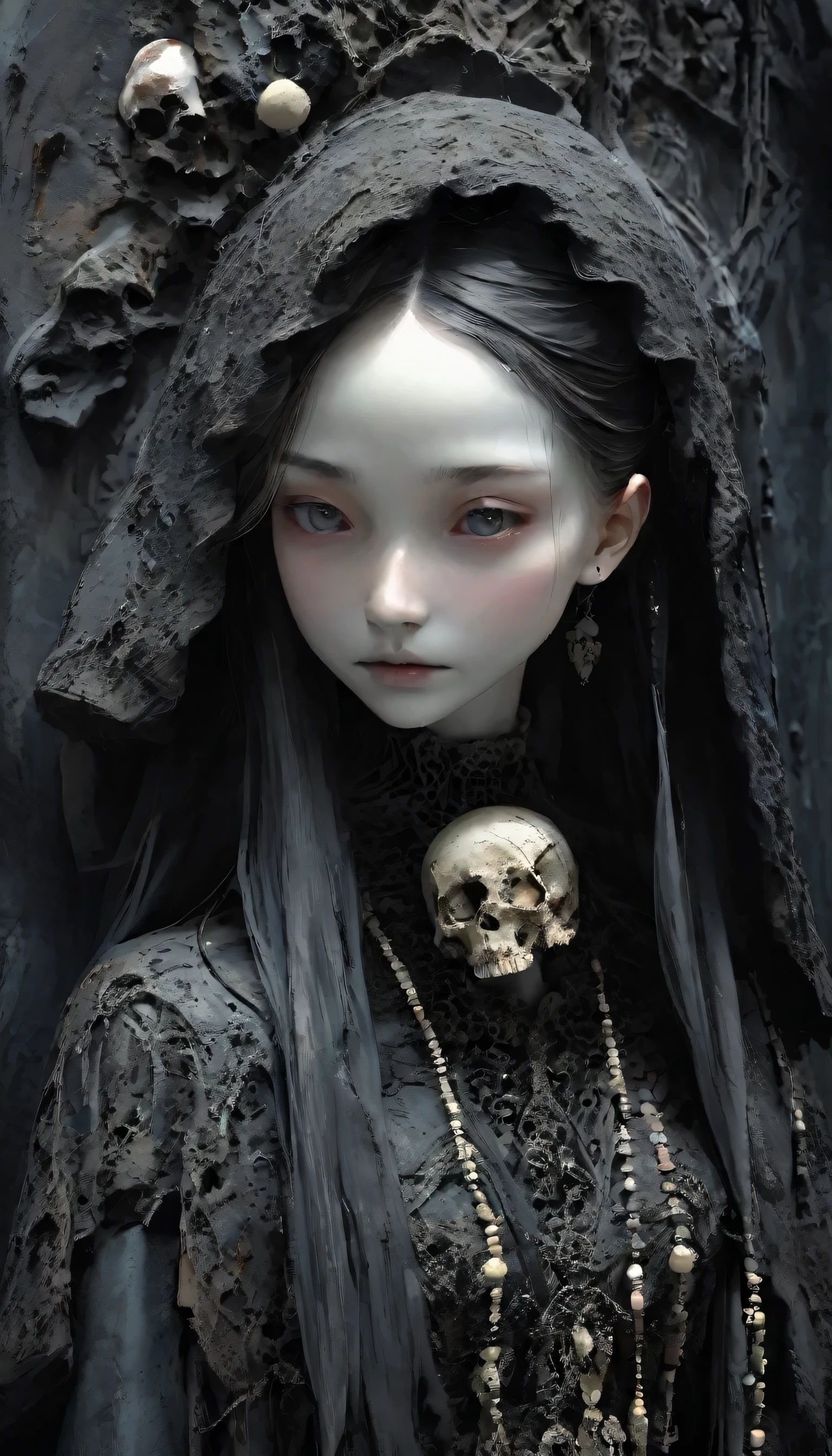 💀、☠、girl、❤、💀、Dark fantasy、💀🥵💗、old，dirty， mineral pigments，3D Clay Sculpture Art，Clay sculpture、One Woman、,looking at the viewer 