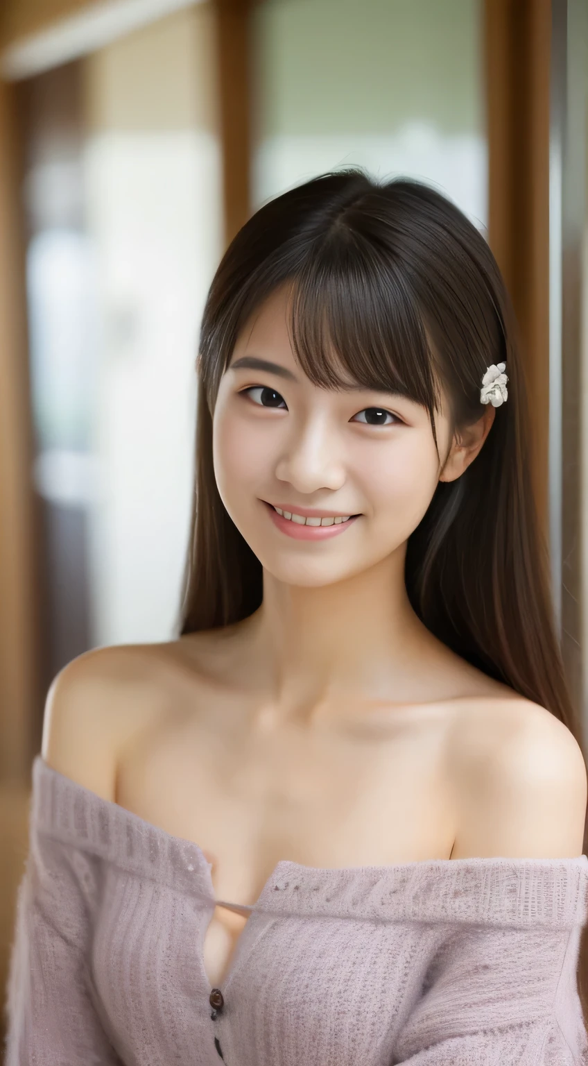 masterpiece,best quality,(Japanese girl),((Beautiful girl)),cleavage,(off shoulder:1.2),(perfect body beauty:1.2),(shy smile),from above
